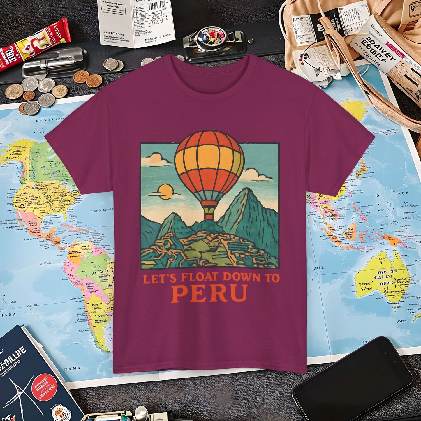 Let’s Float Down to Peru T-Shirt – Vintage Hot-Air Balloon Over Machu Picchu Design Air Travel T-Shirts | Jetsetter, Airport, and International Flight Tees