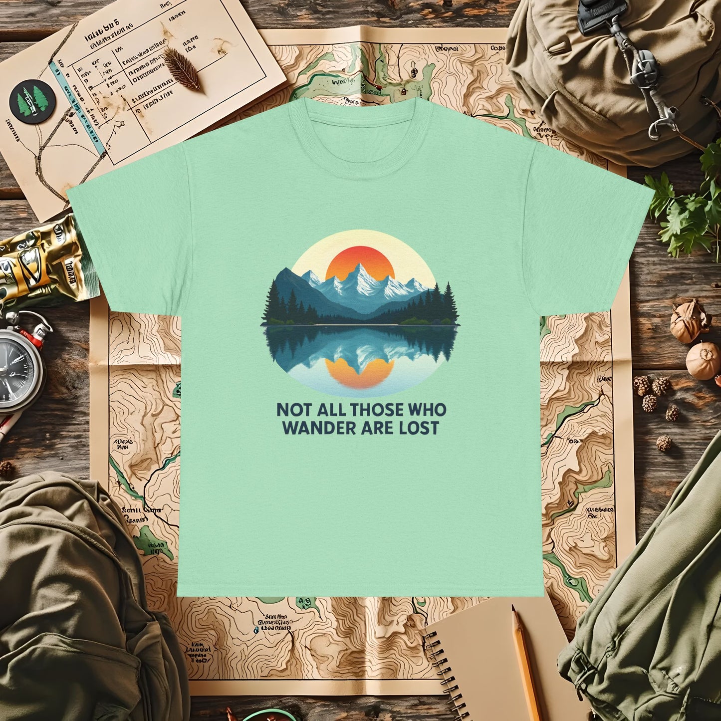 Not All Who Wander Are Lost T-Shirt – Sunset Over Mountain Lake and Forest Reflection Camping, Hiking, Rafting & Kayaking Tees for Nature Lovers