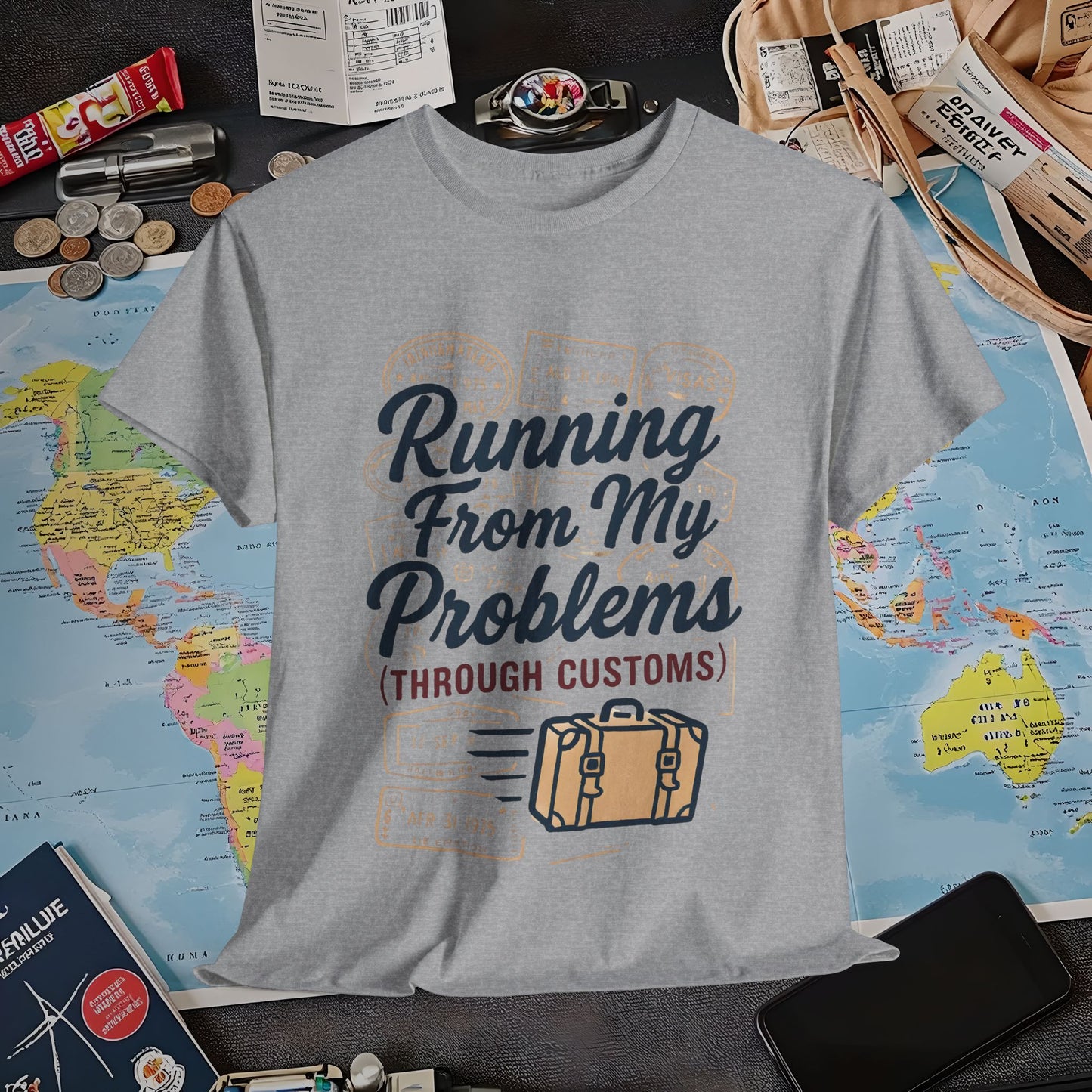 Running From My Problems Through Customs – Vintage Travel Quote Tee with Passport Stamps Air Travel T-Shirts | Jetsetter, Airport, and International Flight Tees