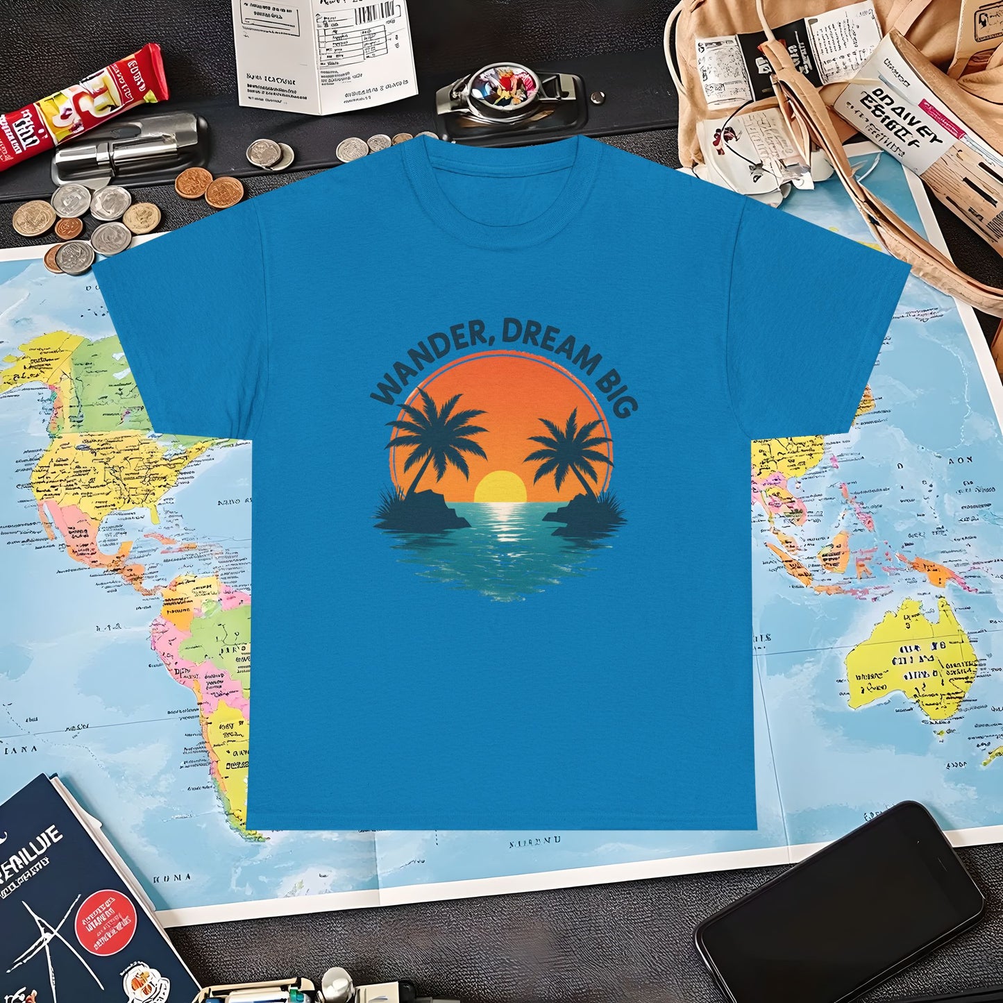 Wander Dream Big T-Shirt – Tropical Sunset with Palm Silhouettes Design Air Travel T-Shirts | Jetsetter, Airport, and International Flight Tees