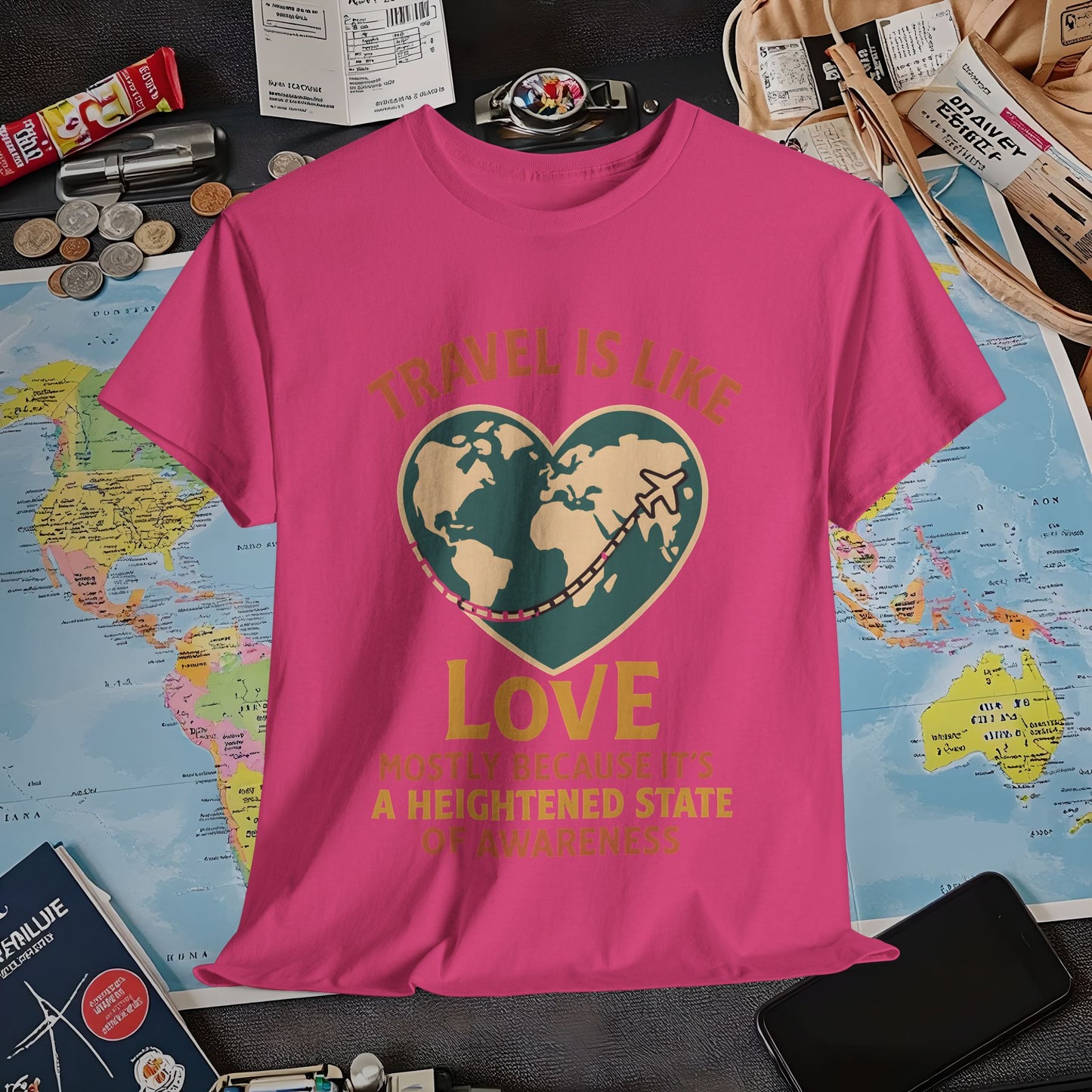 Travel Is Like Love – Heart Map Quote Tee with Airplane Path | Layover Club Air Travel T-Shirts | Jetsetter, Airport, and International Flight Tees