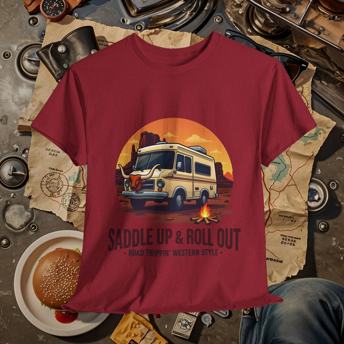 Saddle Up and Roll out Road Trip & Vehicle Travel T-Shirts | Car, RV, and Motorcycle Adventure Tees