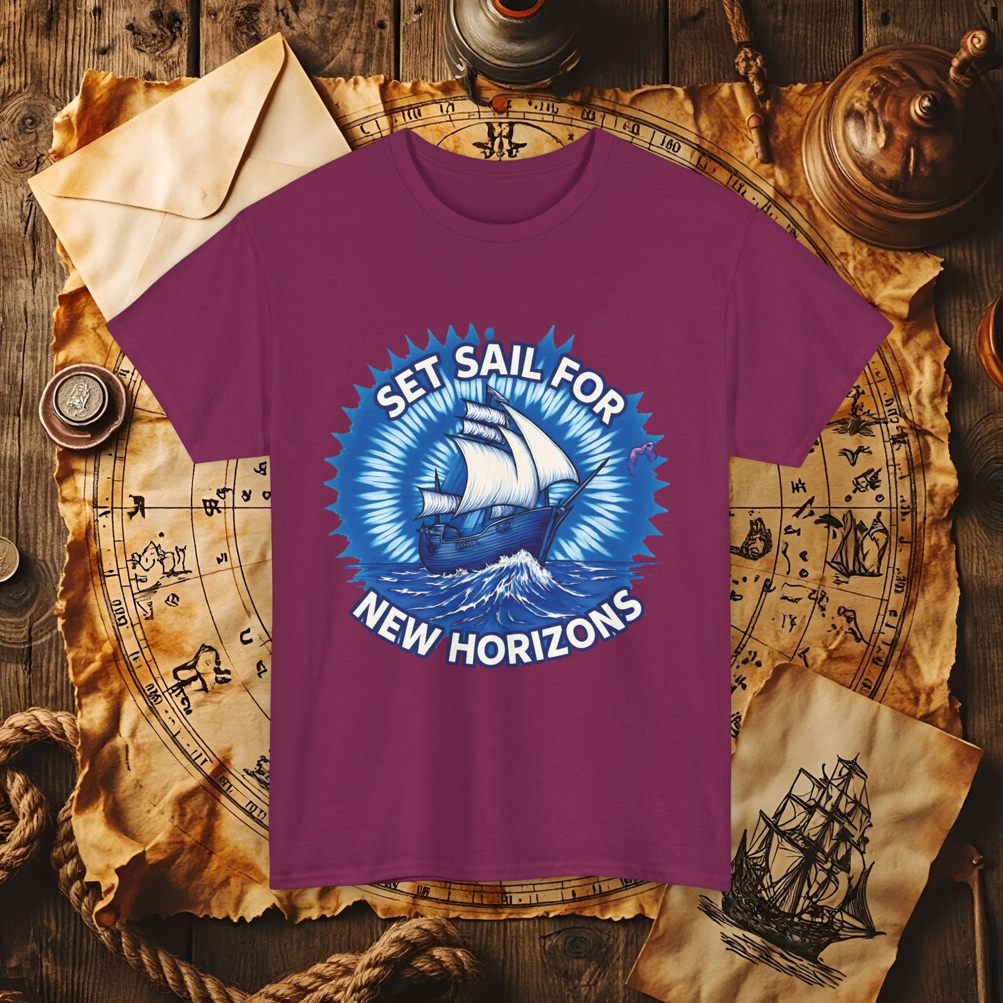 Set Sail for New Horizons T-Shirt – Old Tall Ship on Rough Water Design | Funny & Stylish Tees for Ocean Adventures