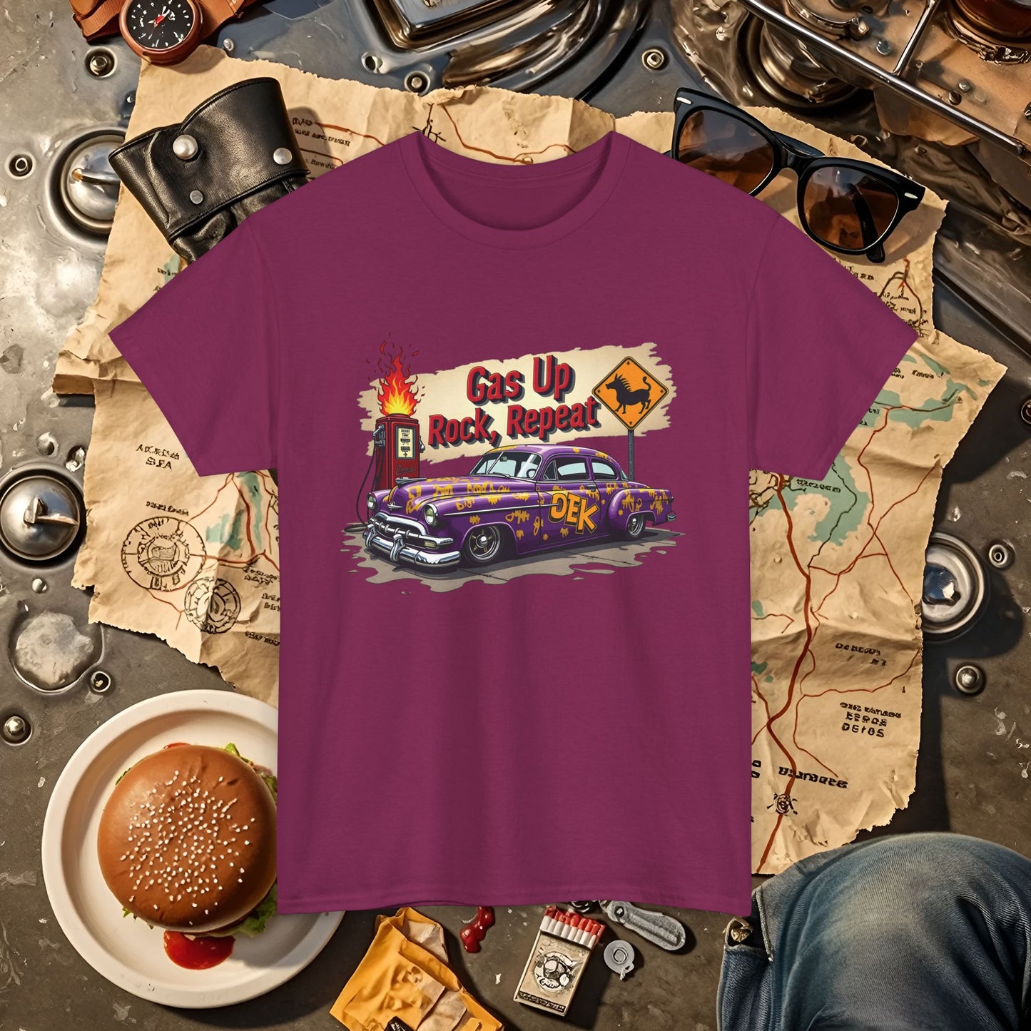 Gas Up, Rock and Repeat Road Trip & Vehicle Travel T-Shirts | Car, RV, and Motorcycle Adventure Tees