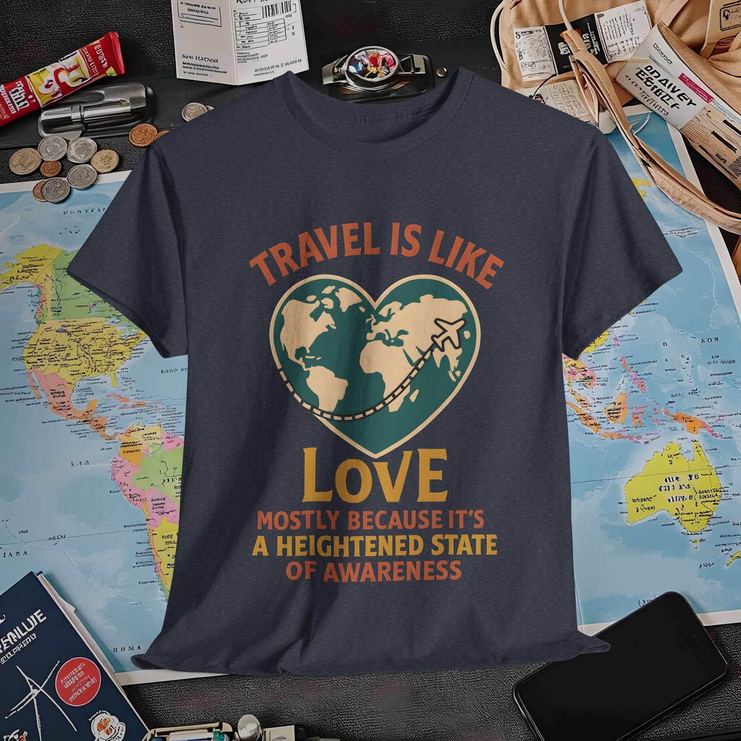Travel Is Like Love – Heart Map Quote Tee with Airplane Path | Layover Club Air Travel T-Shirts | Jetsetter, Airport, and International Flight Tees