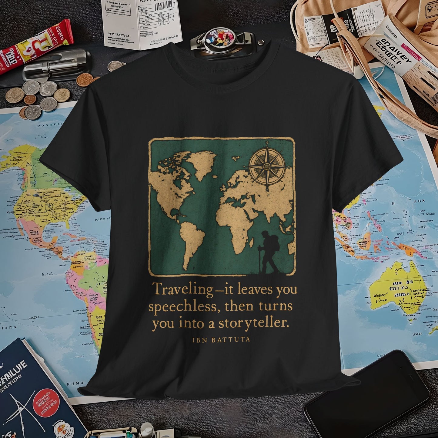 Speechless to Storyteller – Vintage Map Wanderlust Quote Tee Air Travel T-Shirts | Jetsetter, Airport, and International Flight Tees