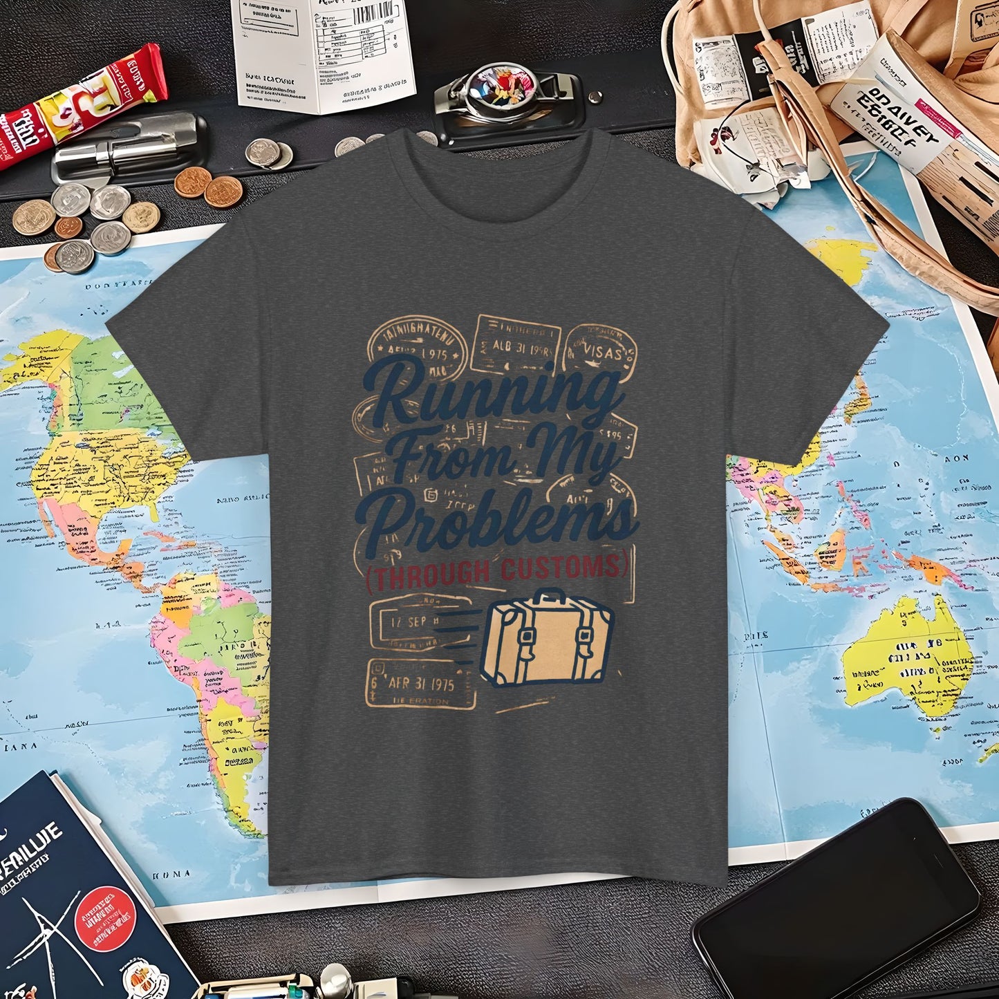 Running From My Problems Through Customs – Vintage Travel Quote Tee with Passport Stamps Air Travel T-Shirts | Jetsetter, Airport, and International Flight Tees