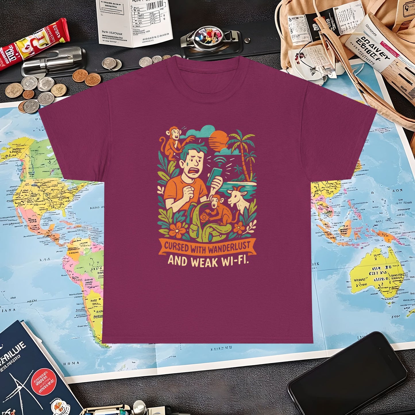 Cursed with Wanderlust and Weak Wi-Fi – Funny Tropical Traveler Frustration Tee Travel T-Shirts | Jetsetter, Airport, and International Flight Tees