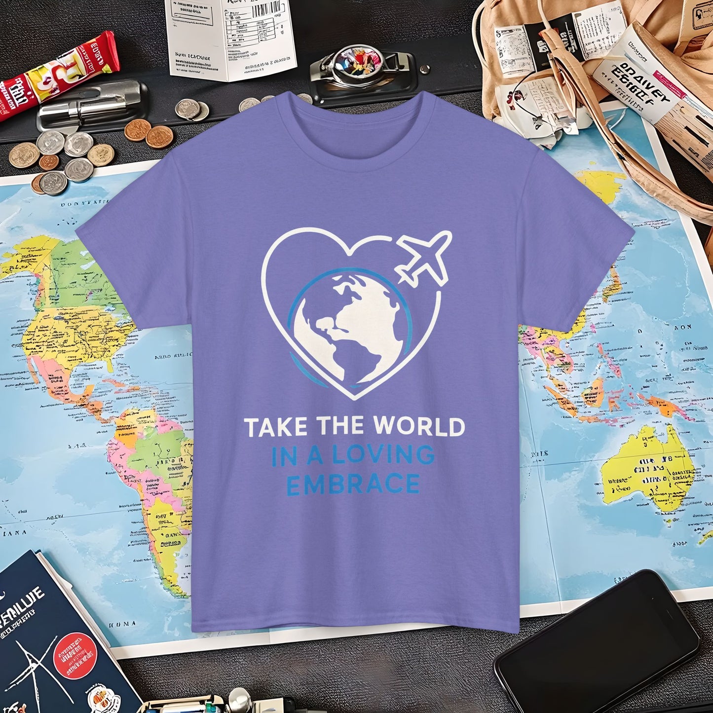 Take the World in a Loving Embrace T-Shirt – Heart in Flight Over Globe Design Air Travel T-Shirts | Jetsetter, Airport, and International Flight Tees