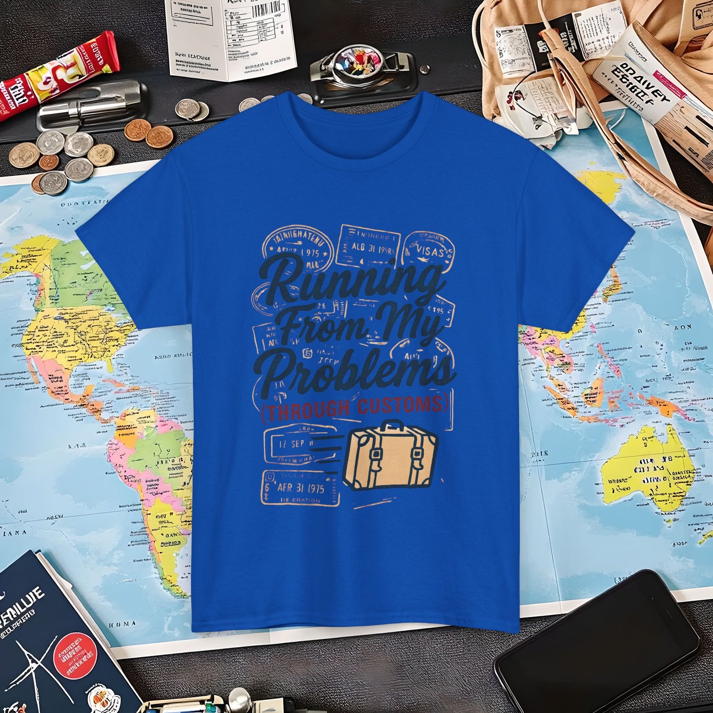 Running From My Problems Through Customs – Vintage Travel Quote Tee with Passport Stamps Air Travel T-Shirts | Jetsetter, Airport, and International Flight Tees
