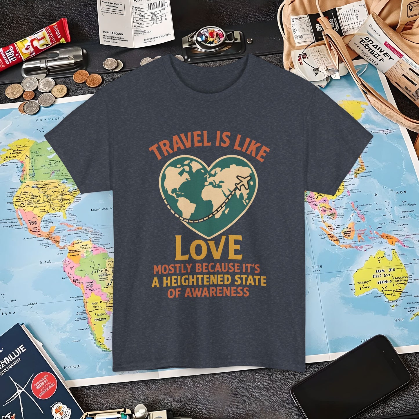 Travel Is Like Love – Heart Map Quote Tee with Airplane Path | Layover Club Air Travel T-Shirts | Jetsetter, Airport, and International Flight Tees