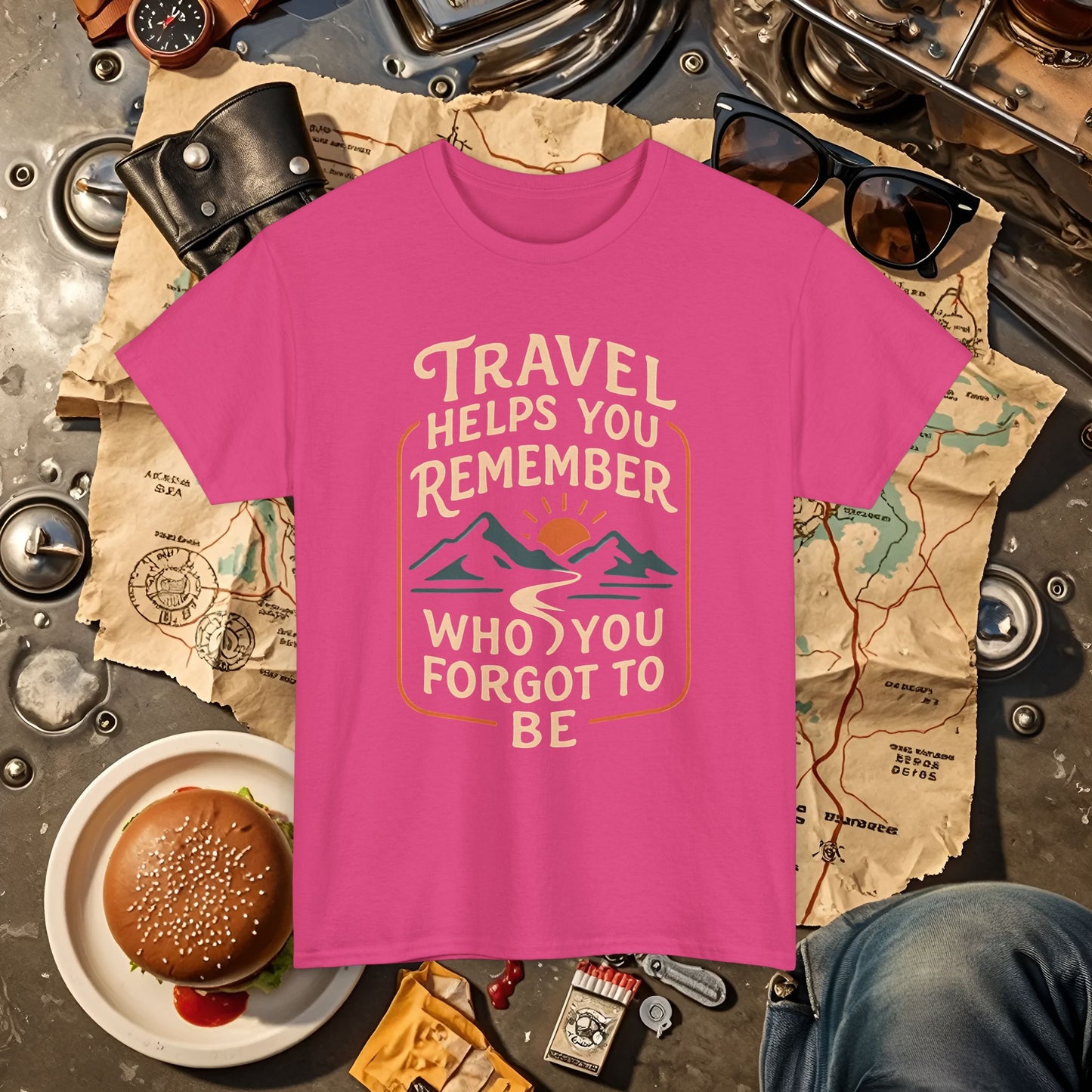 Travel Helps You Remember Who You Forgot to Be Tee – Retro Mountain Road Quote Shirt Road Trip & Vehicle Travel T-Shirts | Car, RV, and Motorcycle Adventure Tees