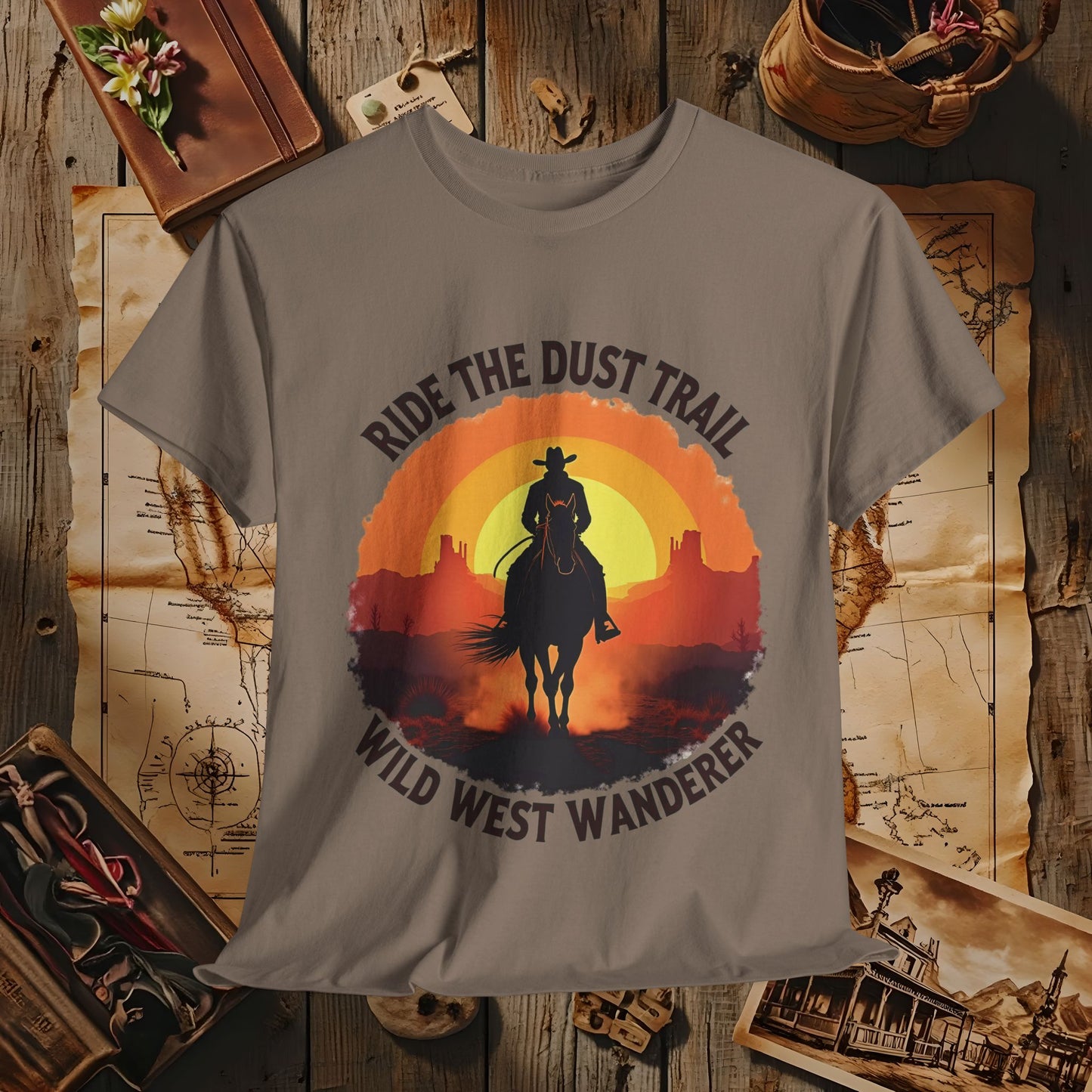 Ride the Dust Trail, Wild West Wanderer Western Travel T-Shirts | Desert, Ghost Town, and Cowboy-Inspired Adventure Tees