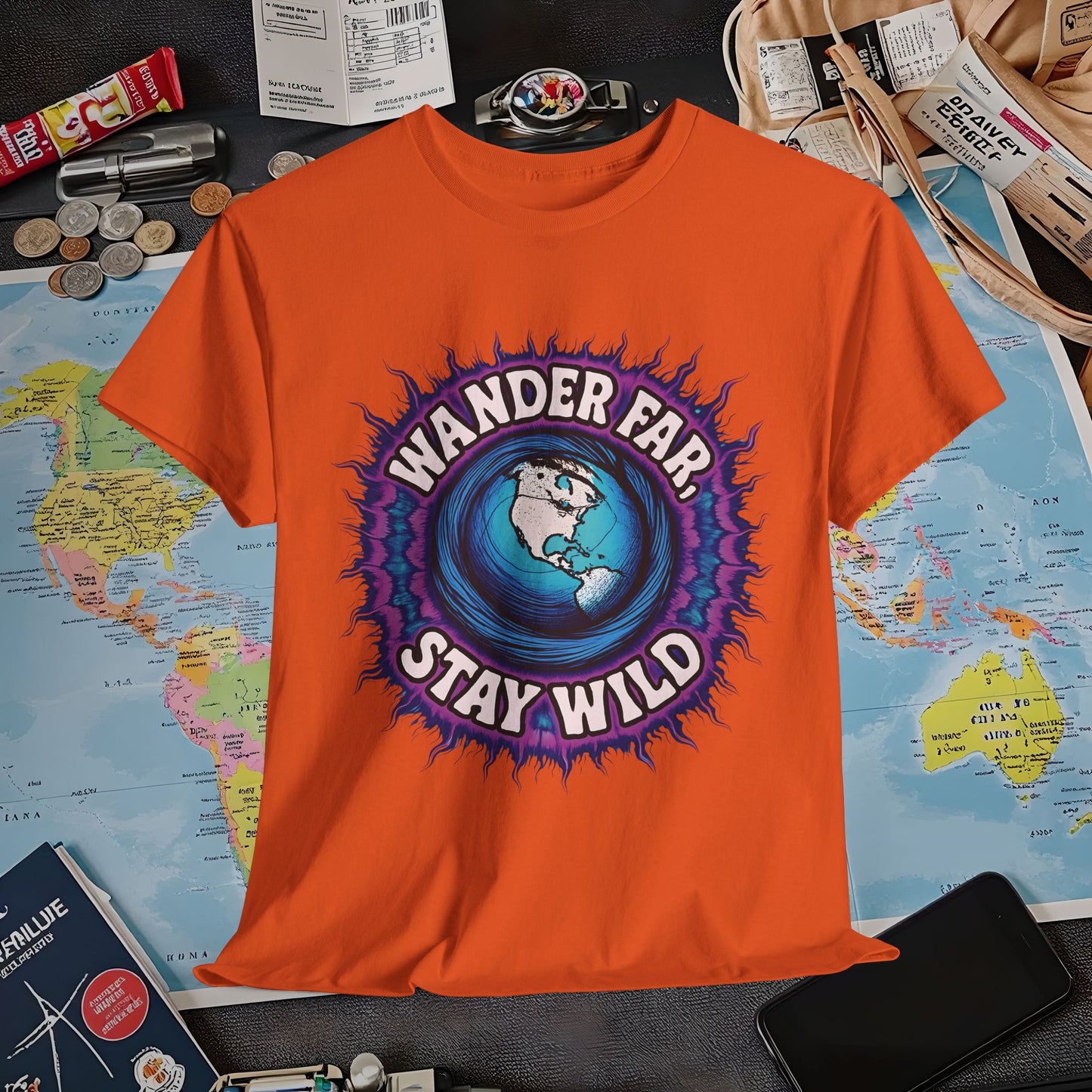Wander Far, Stay Wild T-Shirt – Globe Burst Adventure Design Air Travel T-Shirts | Jetsetter, Airport, and International Flight Tees