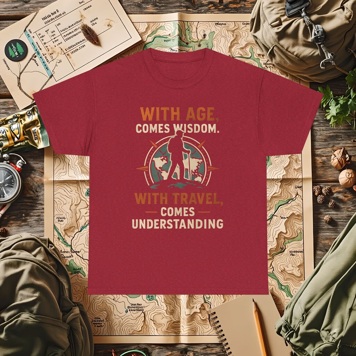 With Age Comes Wisdom, With Travel Comes Understanding Tee – Explorer Compass Design | Camping, Hiking, Rafting & Kayaking Tees for Nature Lovers