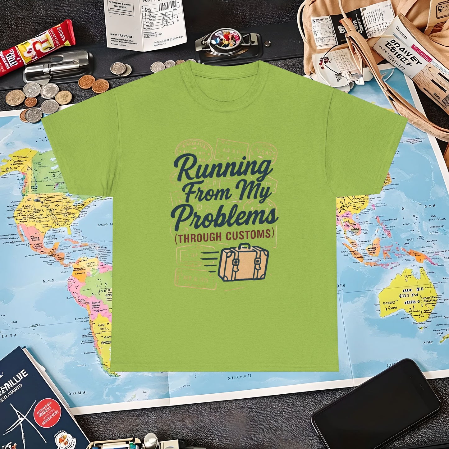 Running From My Problems Through Customs – Vintage Travel Quote Tee with Passport Stamps Air Travel T-Shirts | Jetsetter, Airport, and International Flight Tees