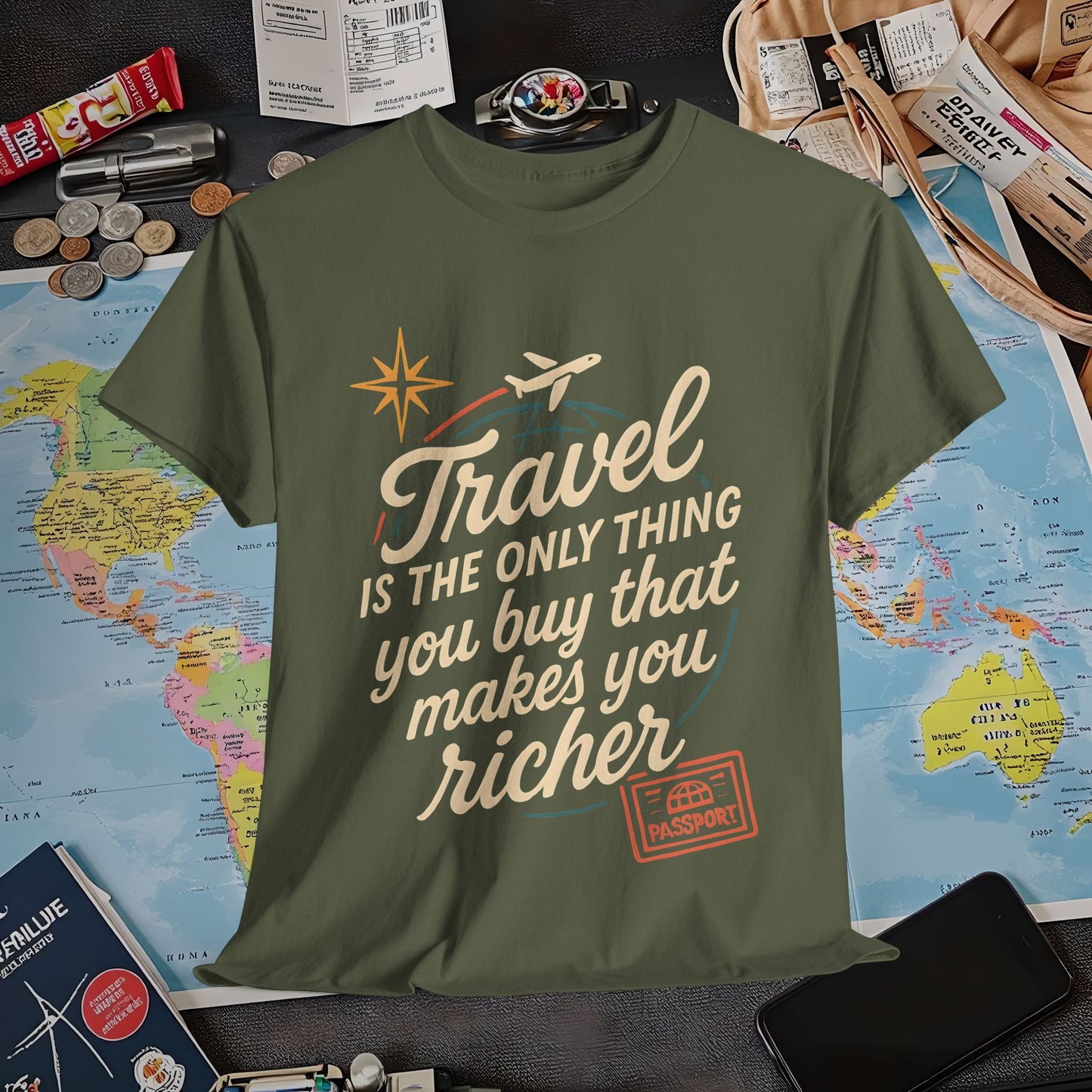 Travel Makes You Richer Tee – Vintage Globe & Airplane Quote Shirt Air Travel T-Shirts | Jetsetter, Airport, and International Flight Tees