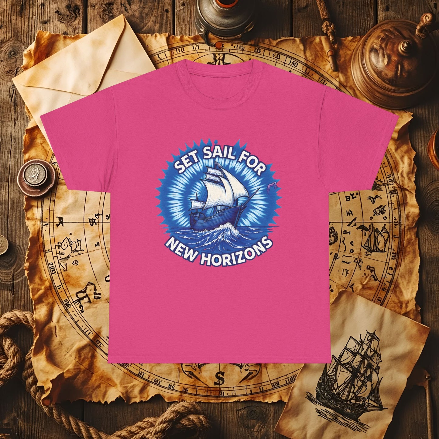 Set Sail for New Horizons T-Shirt – Old Tall Ship on Rough Water Design | Funny & Stylish Tees for Ocean Adventures