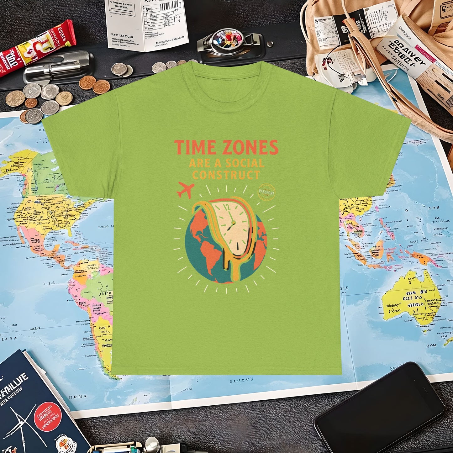 Time Zones Are a Social Construct Tee – Melting Clock Over World Map Travel Shirt Air Travel T-Shirts | Jetsetter, Airport, and International Flight Tees