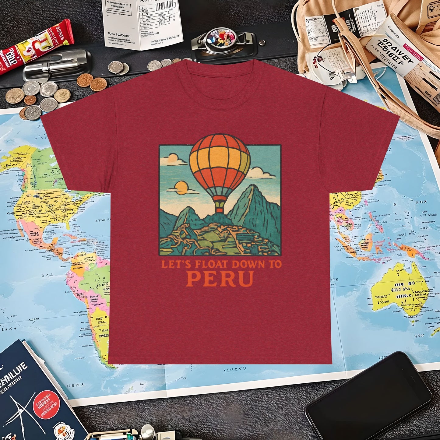 Let’s Float Down to Peru T-Shirt – Vintage Hot-Air Balloon Over Machu Picchu Design Air Travel T-Shirts | Jetsetter, Airport, and International Flight Tees