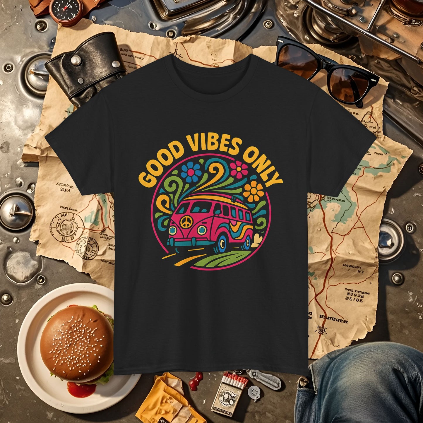 Good Vibes Only T-Shirt – Retro Hippie Van with 70s-Inspired Positivity Road Trip & Vehicle Travel T-Shirts | Car, RV, and Motorcycle Adventure Tees
