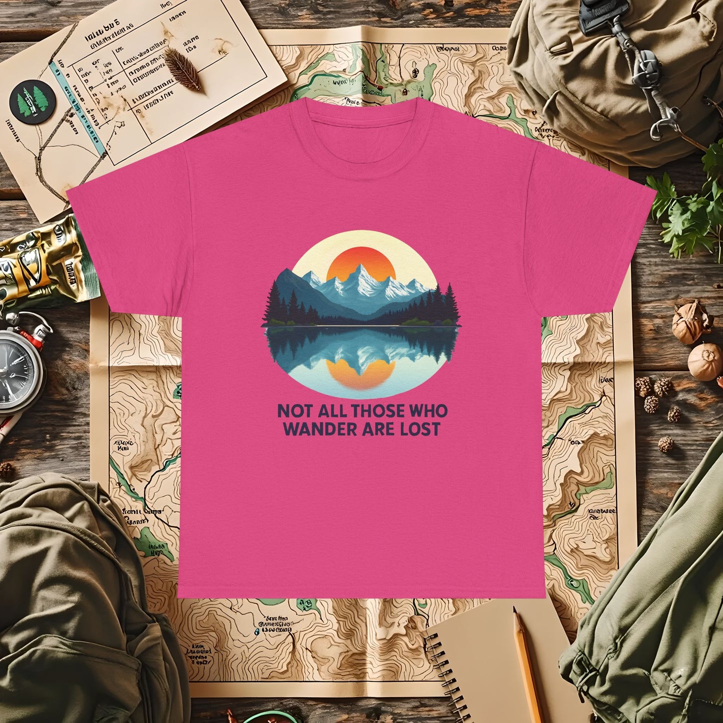 Not All Who Wander Are Lost T-Shirt – Sunset Over Mountain Lake and Forest Reflection Camping, Hiking, Rafting & Kayaking Tees for Nature Lovers