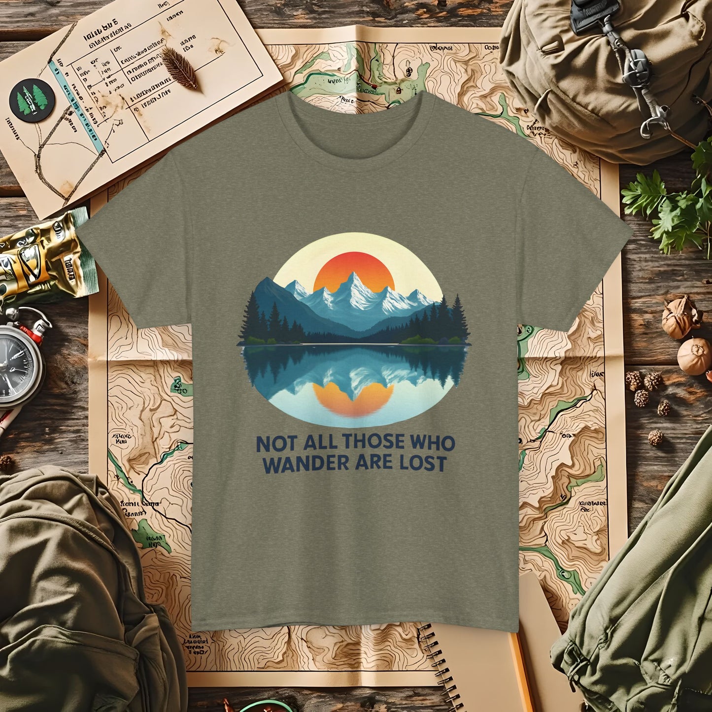 Not All Who Wander Are Lost T-Shirt – Sunset Over Mountain Lake and Forest Reflection Camping, Hiking, Rafting & Kayaking Tees for Nature Lovers