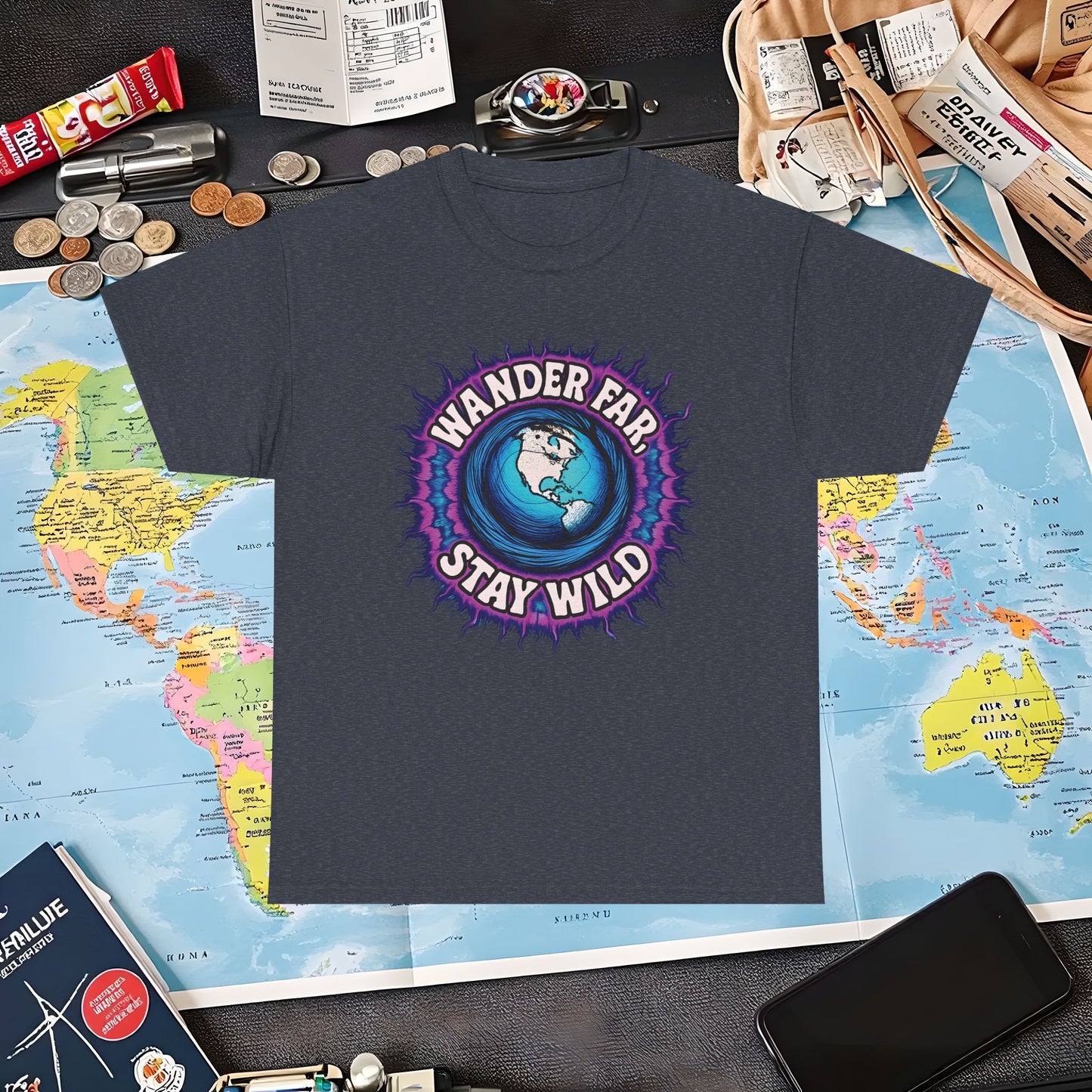 Wander Far, Stay Wild T-Shirt – Globe Burst Adventure Design Air Travel T-Shirts | Jetsetter, Airport, and International Flight Tees