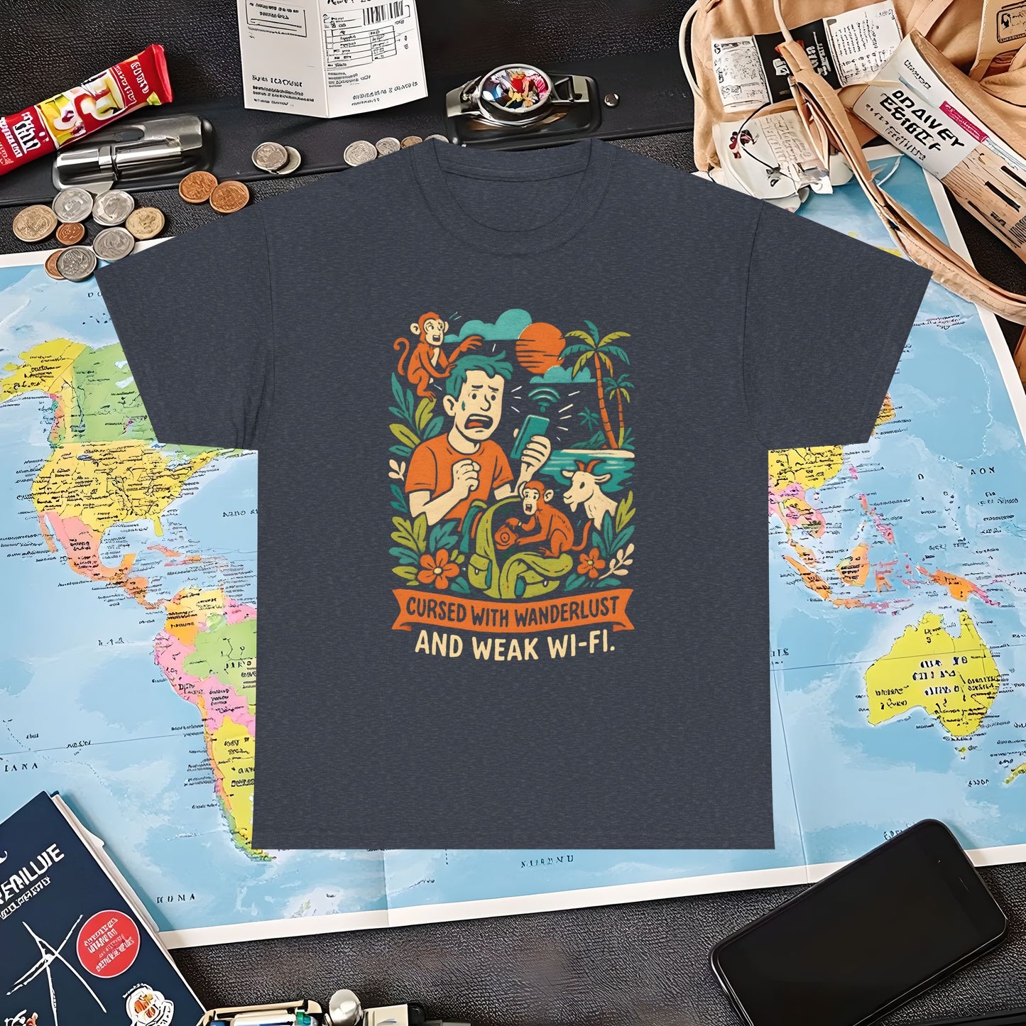 Cursed with Wanderlust and Weak Wi-Fi – Funny Tropical Traveler Frustration Tee Travel T-Shirts | Jetsetter, Airport, and International Flight Tees