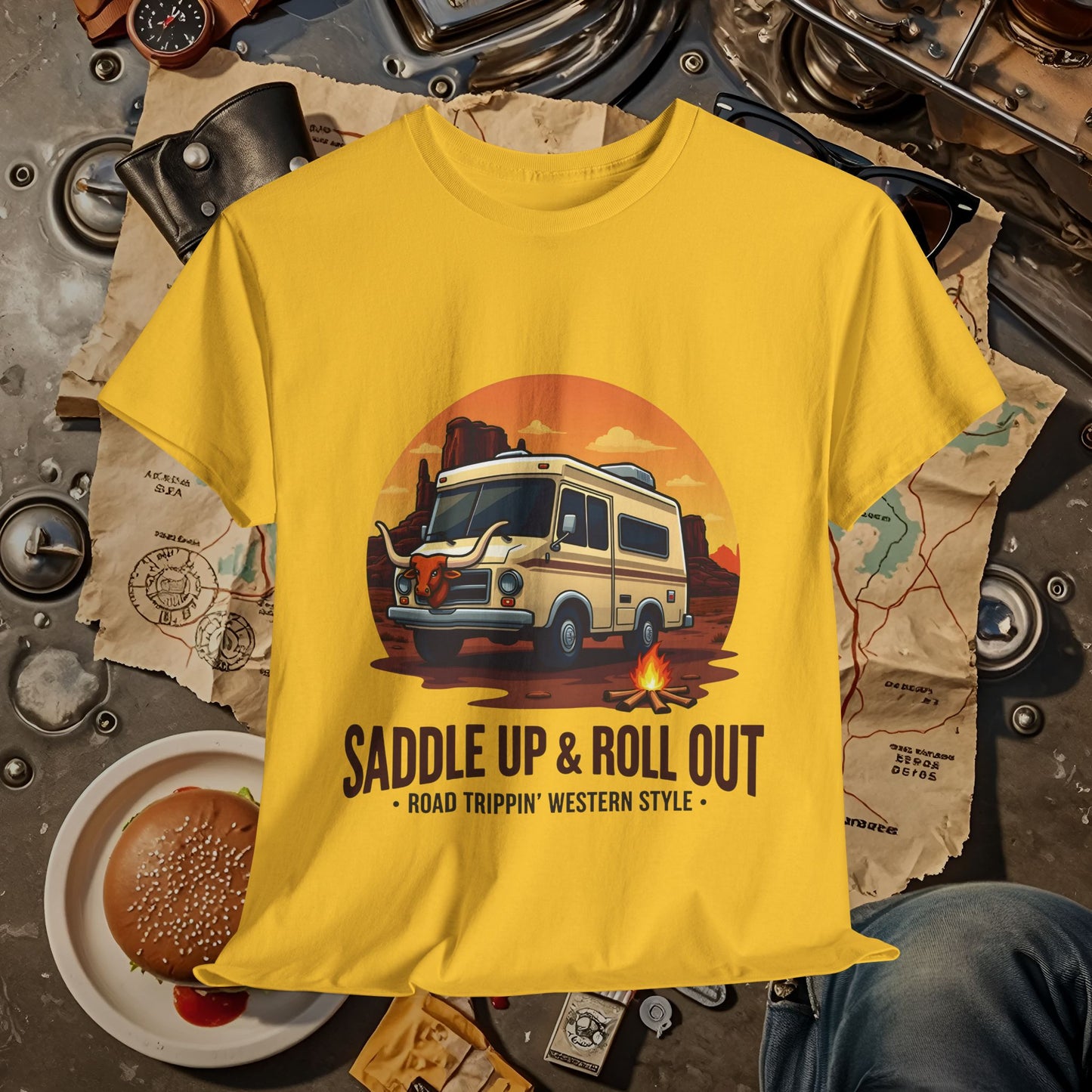 Saddle Up and Roll out Road Trip & Vehicle Travel T-Shirts | Car, RV, and Motorcycle Adventure Tees