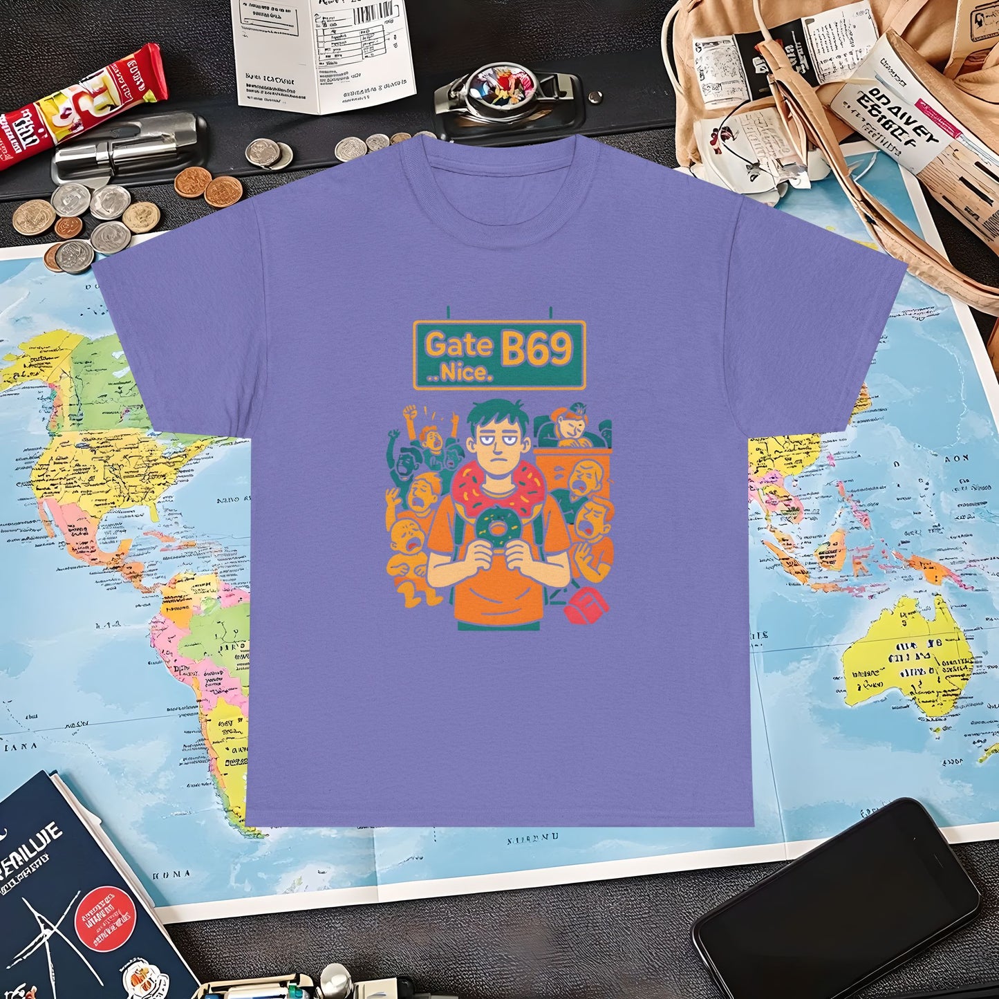 Gate B69 Deadpan Traveler T-Shirt — Chill at Chaotic Airport Terminal Layover Tee Air Travel T-Shirts | Jetsetter, Airport, and International Flight Tees
