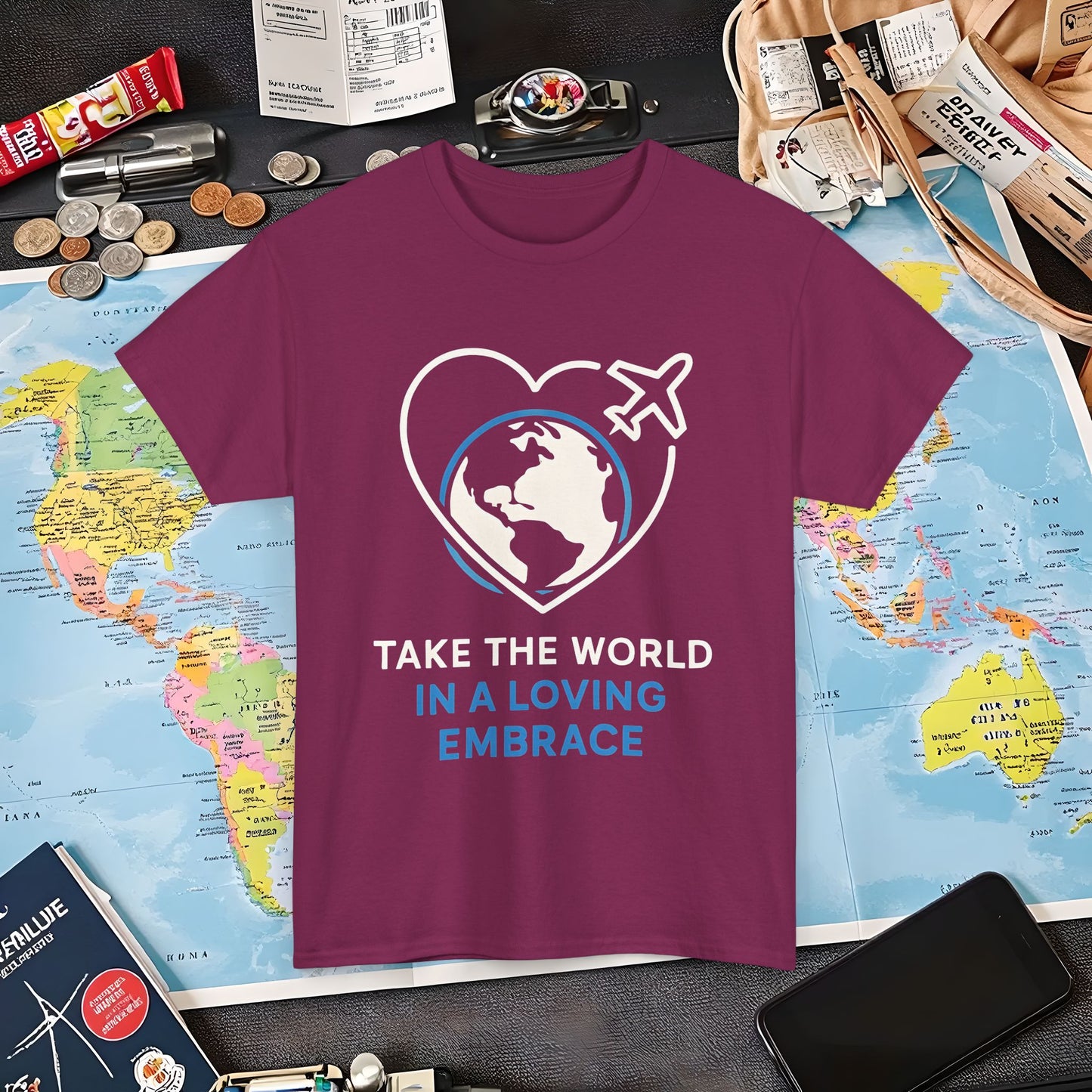 Take the World in a Loving Embrace T-Shirt – Heart in Flight Over Globe Design Air Travel T-Shirts | Jetsetter, Airport, and International Flight Tees