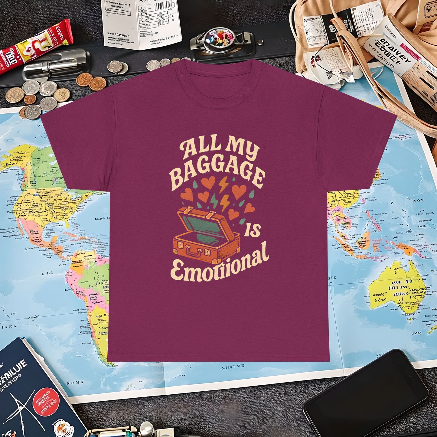 All My Baggage Is Emotional – Retro Suitcase Overflowing with Feelings Tee Air Travel T-Shirts | Jetsetter, Airport, and International Flight Tees
