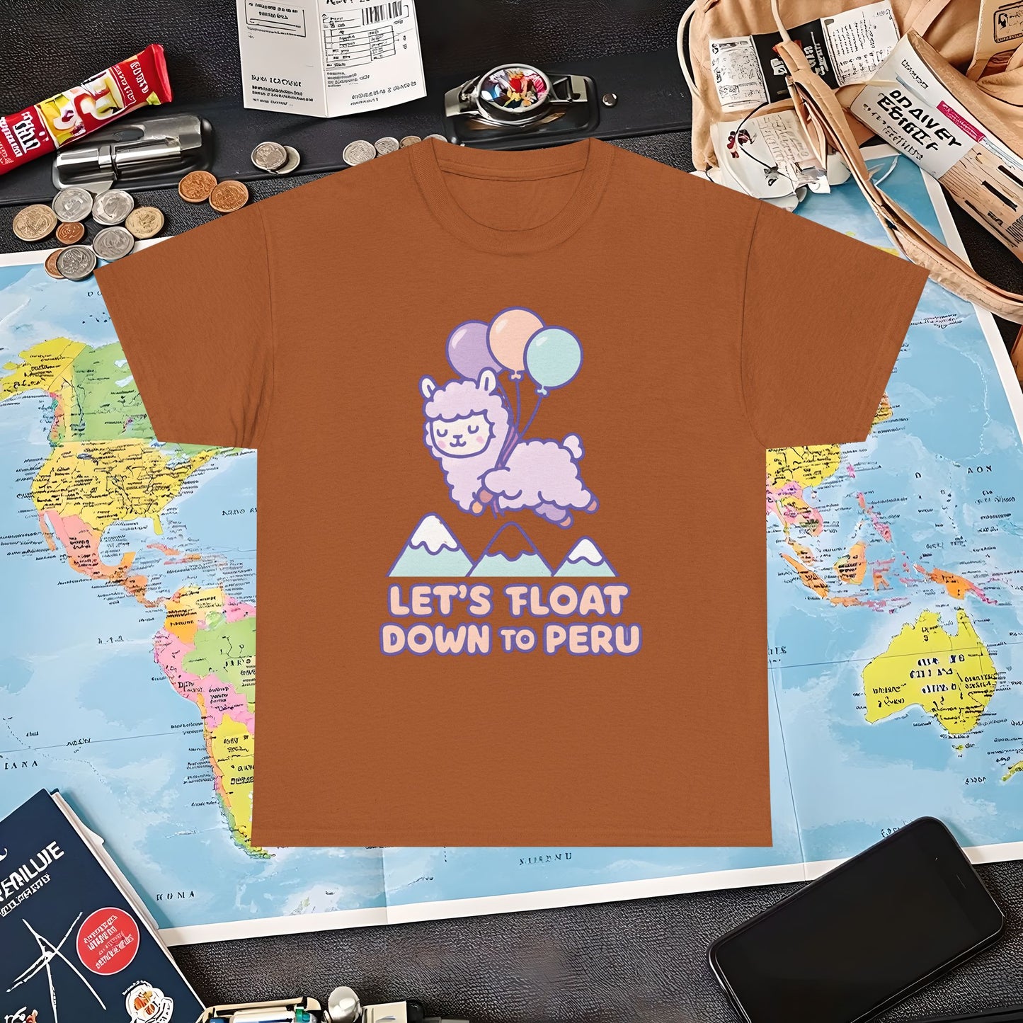 Let’s Float Down to Peru T-Shirt – Kawaii Alpaca Over Snowy Mountain Peaks Air Travel T-Shirts | Jetsetter, Airport, and International Flight Tees