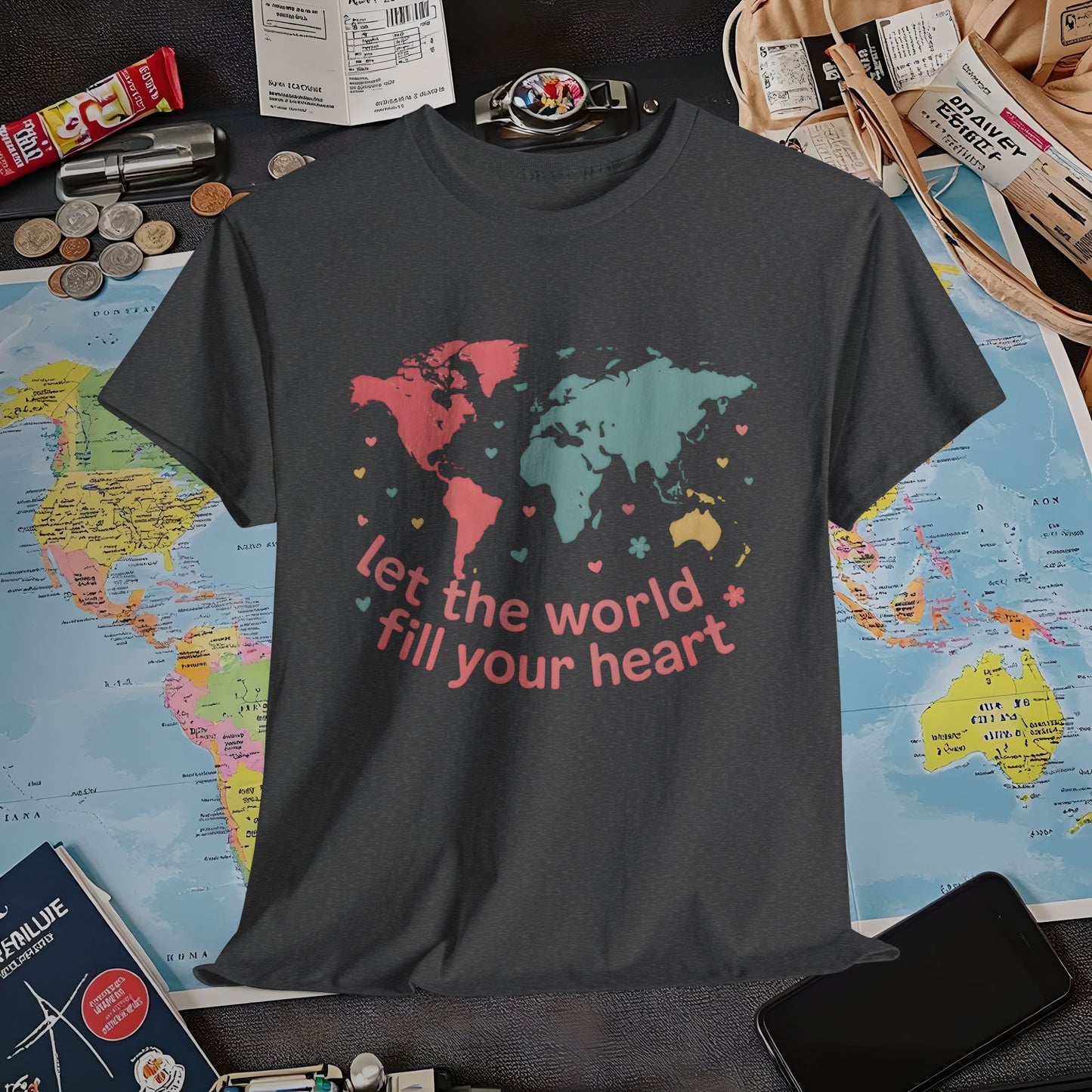 Let the World Fill Your Heart T-Shirt – World Map Adventure Design Air Travel T-Shirts | Jetsetter, Airport, and International Flight Tees