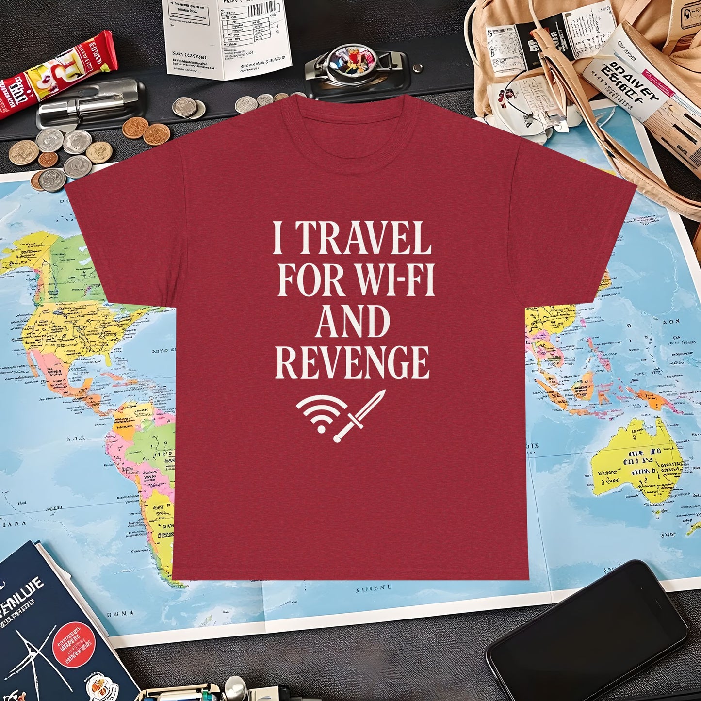 I Travel for WiFi and Revenge – Bold Quote Tee with Dagger Icon Air Travel T-Shirts | Jetsetter, Airport, and International Flight Tees
