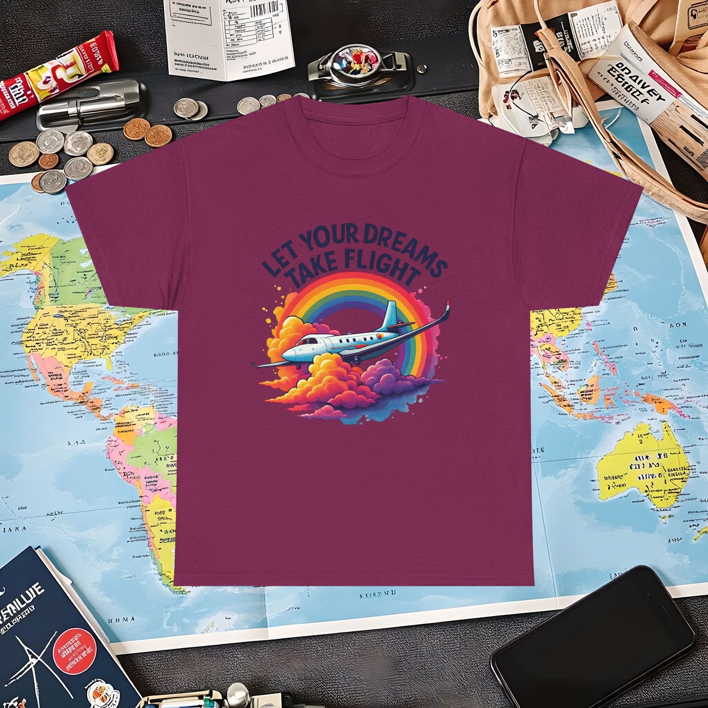 Let Your Dreams Take Flight T-Shirt – Airplane with Rainbow Trail Design Air Travel T-Shirts | Jetsetter, Airport, and International Flight Tees