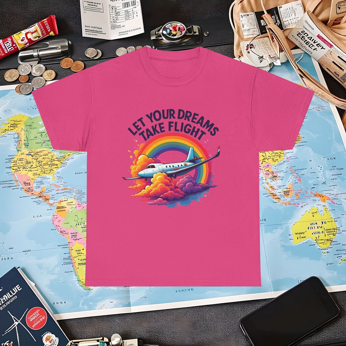 Let Your Dreams Take Flight T-Shirt – Airplane with Rainbow Trail Design Air Travel T-Shirts | Jetsetter, Airport, and International Flight Tees