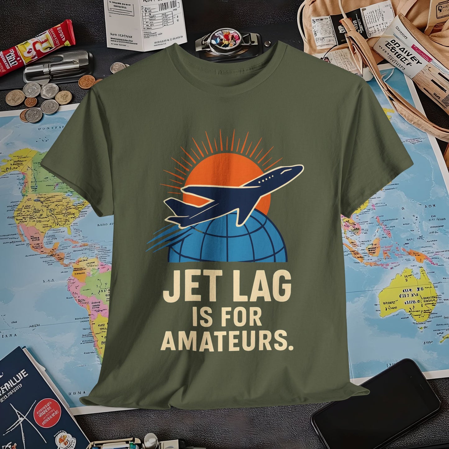Jet Lag Is for Amateurs Vintage Jet Airplane Globe Bold Quote T-Shirt Air Travel T-Shirts | Jetsetter, Airport, and International Flight Tees