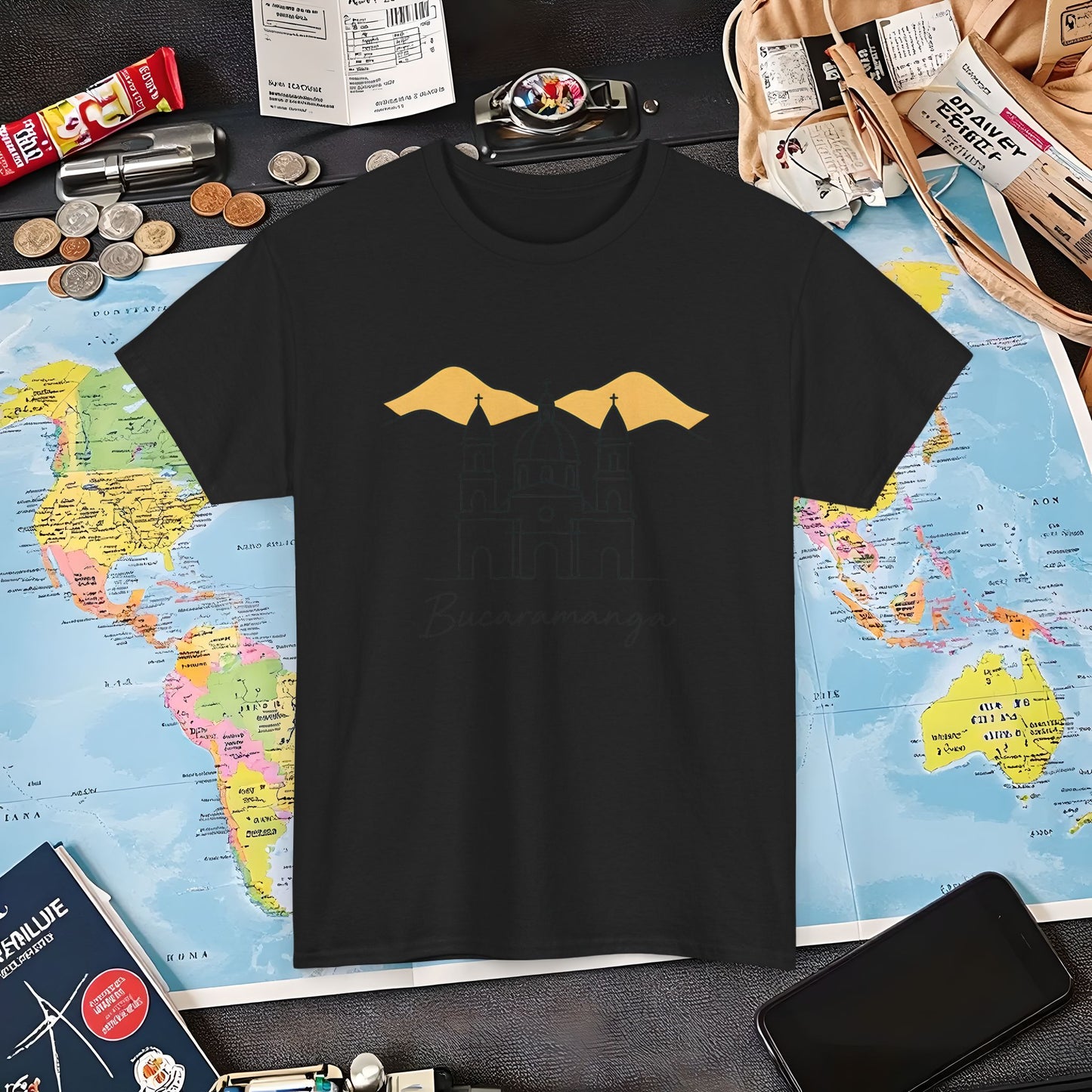 Bucaramanga Cathedral with Andes Silhouette – Vintage Colombia Travel Tee | Layover Club Air Travel T-Shirts | Jetsetter, Airport, and International Flight Tees