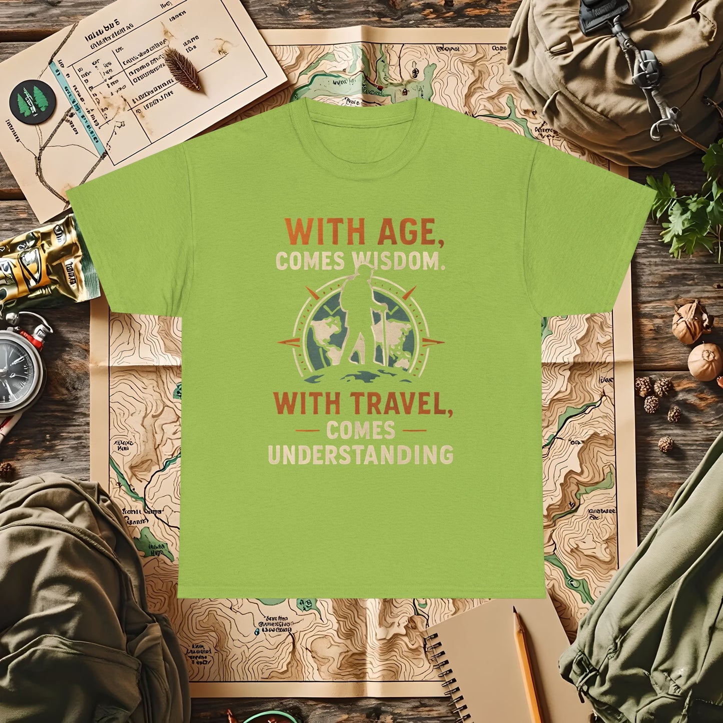 With Age Comes Wisdom, With Travel Comes Understanding Tee – Explorer Compass Design | Camping, Hiking, Rafting & Kayaking Tees for Nature Lovers