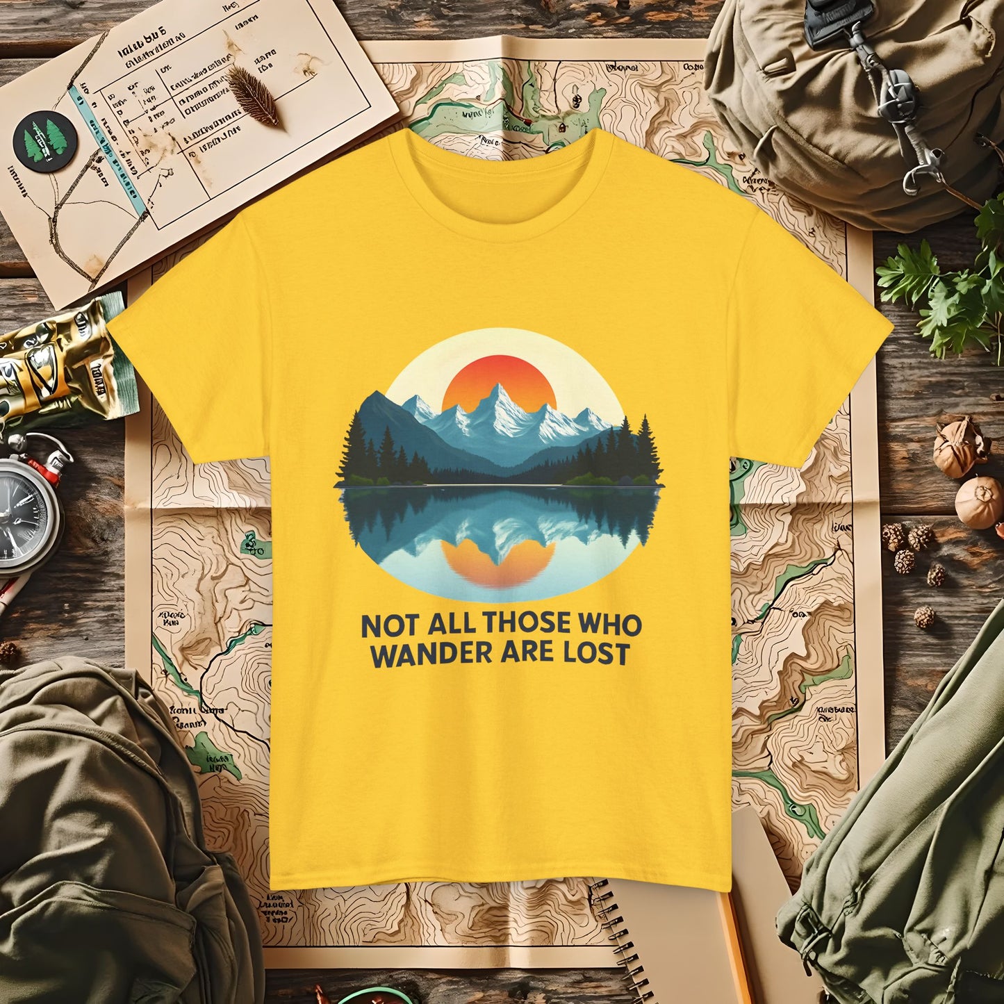 Not All Who Wander Are Lost T-Shirt – Sunset Over Mountain Lake and Forest Reflection Camping, Hiking, Rafting & Kayaking Tees for Nature Lovers