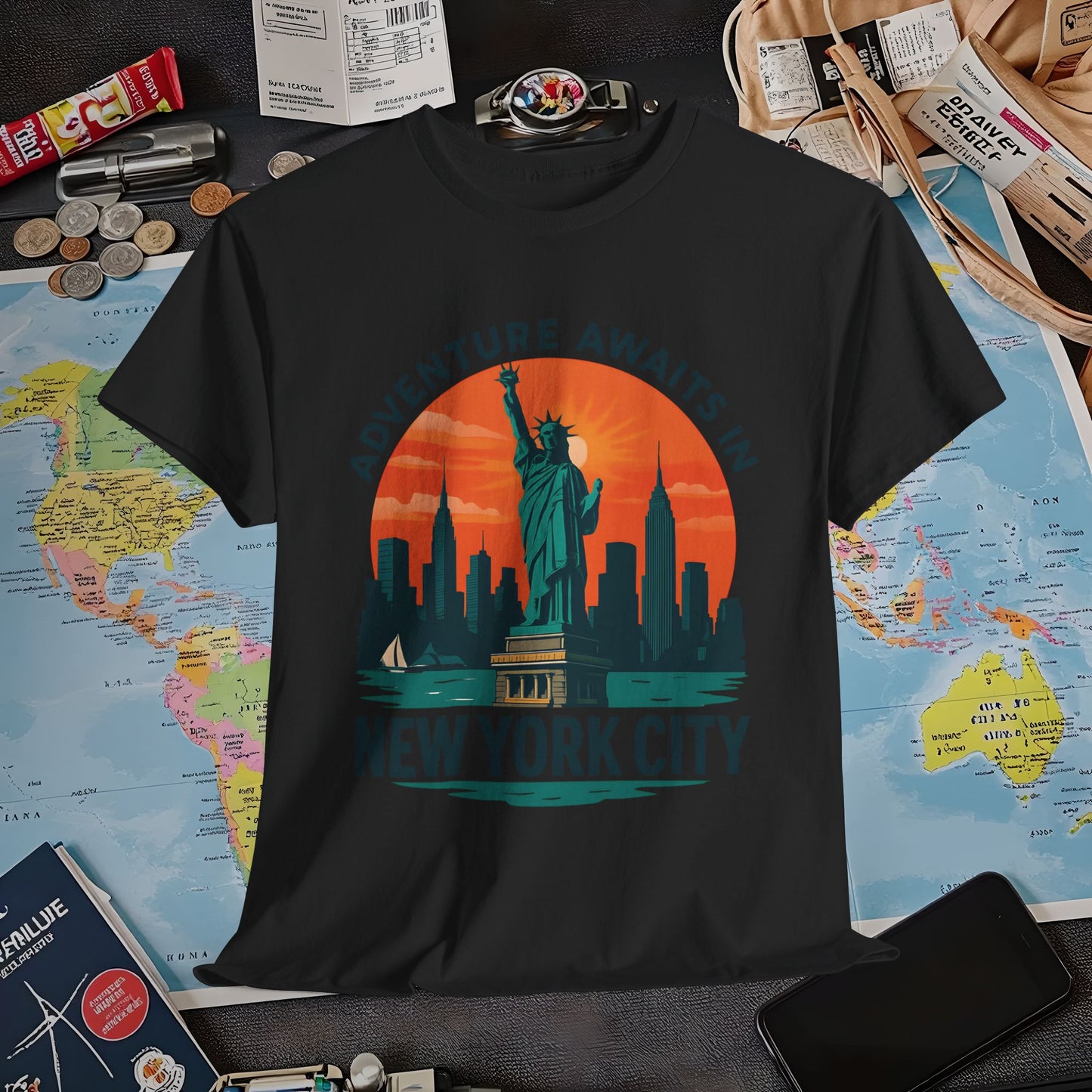 Adventure Awaits in New York City T-Shirt – Sunset Skyline with Statue of Liberty Design Air Travel T-Shirts | Jetsetter, Airport, and International Flight Tees