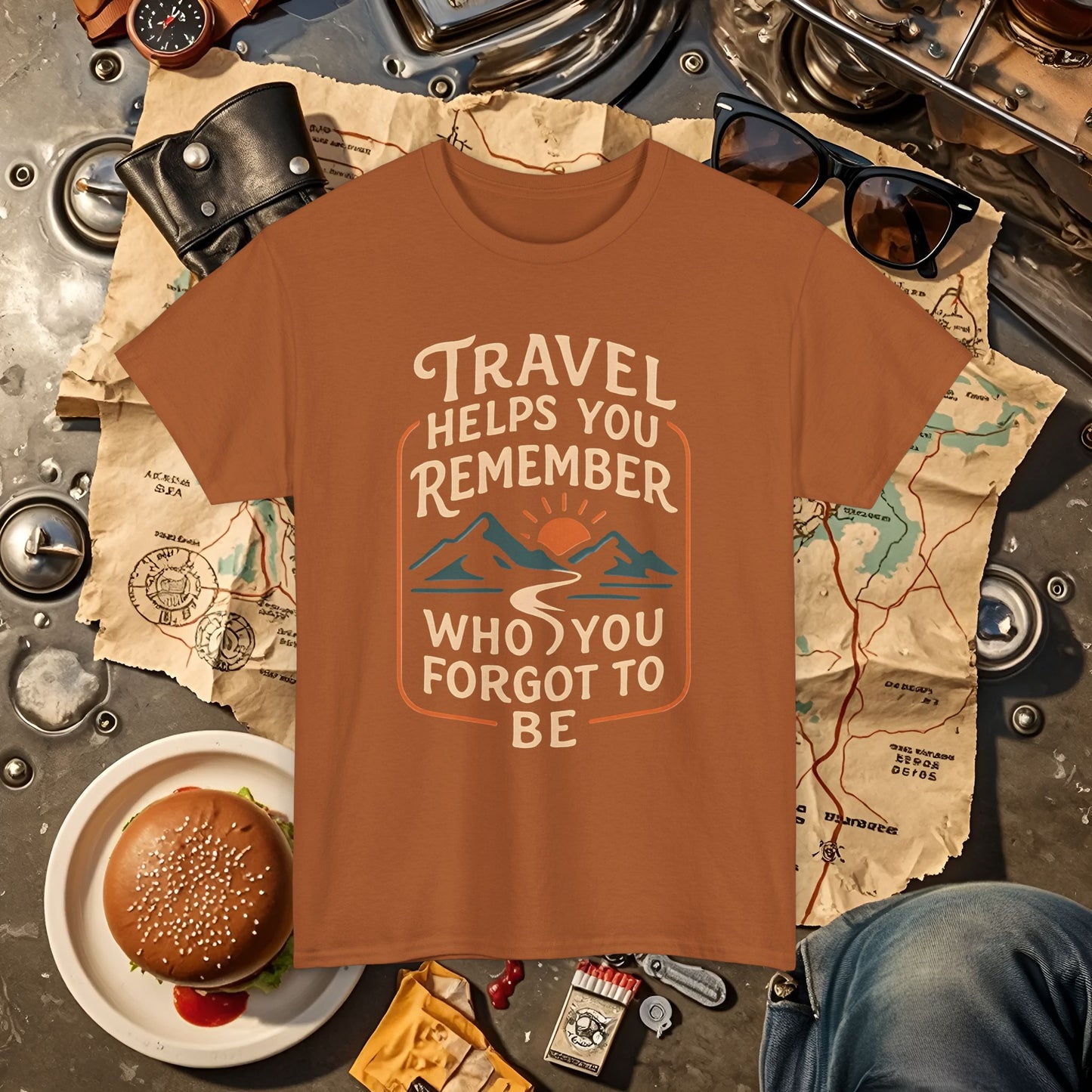 Travel Helps You Remember Who You Forgot to Be Tee – Retro Mountain Road Quote Shirt Road Trip & Vehicle Travel T-Shirts | Car, RV, and Motorcycle Adventure Tees