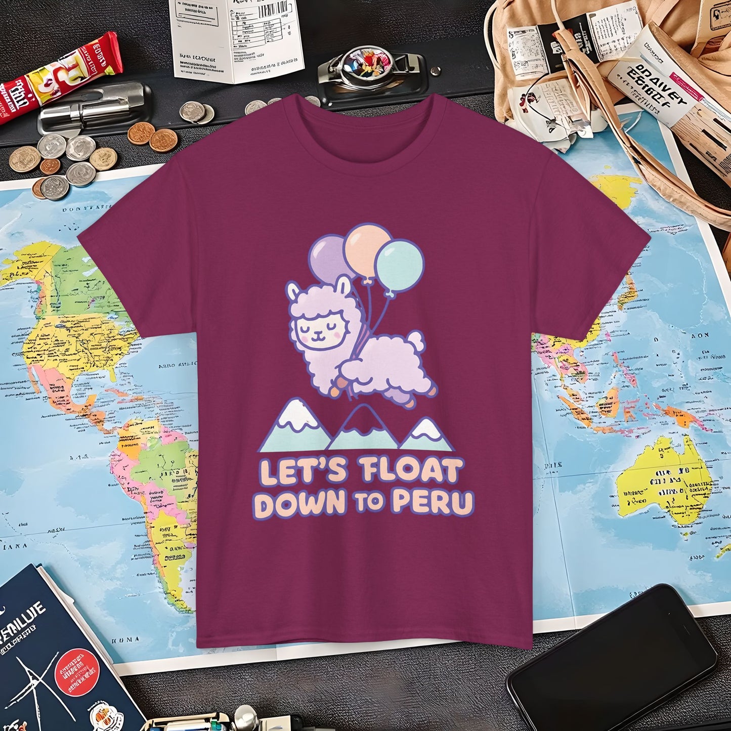 Let’s Float Down to Peru T-Shirt – Kawaii Alpaca Over Snowy Mountain Peaks Air Travel T-Shirts | Jetsetter, Airport, and International Flight Tees
