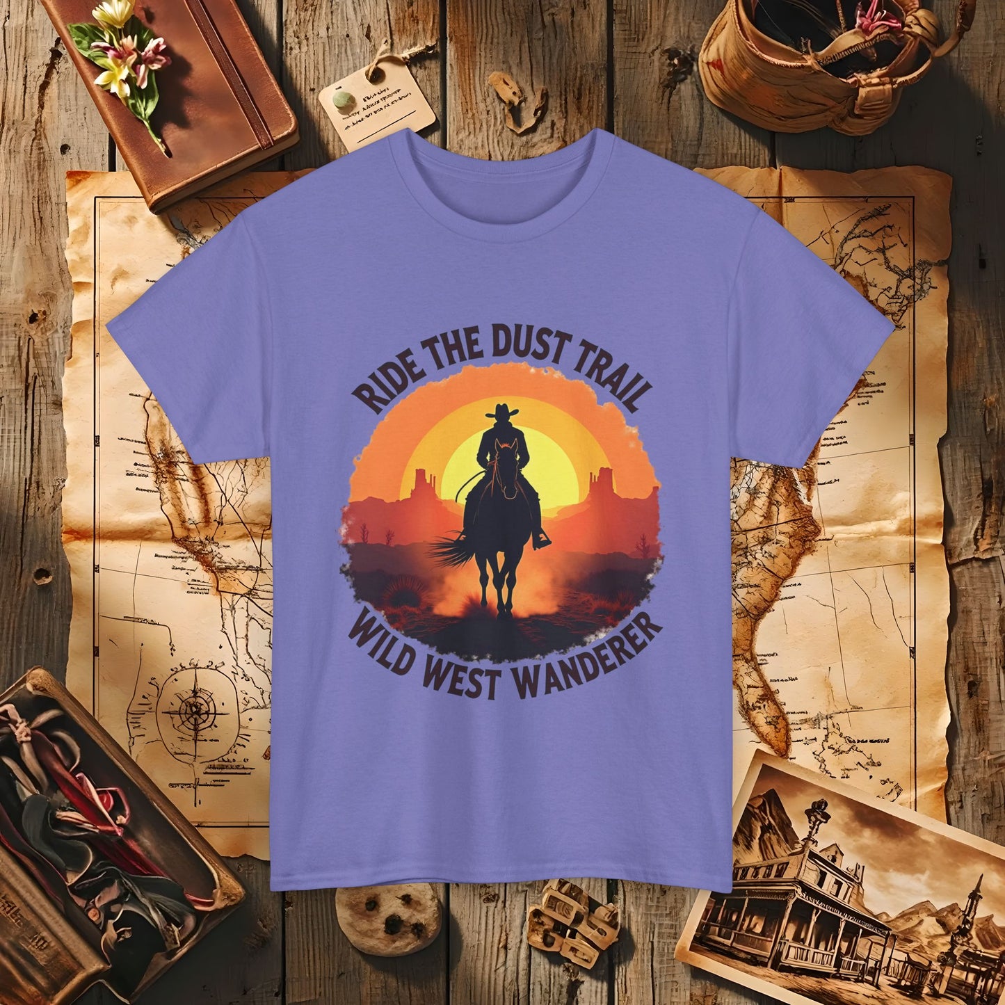 Ride the Dust Trail, Wild West Wanderer Western Travel T-Shirts | Desert, Ghost Town, and Cowboy-Inspired Adventure Tees