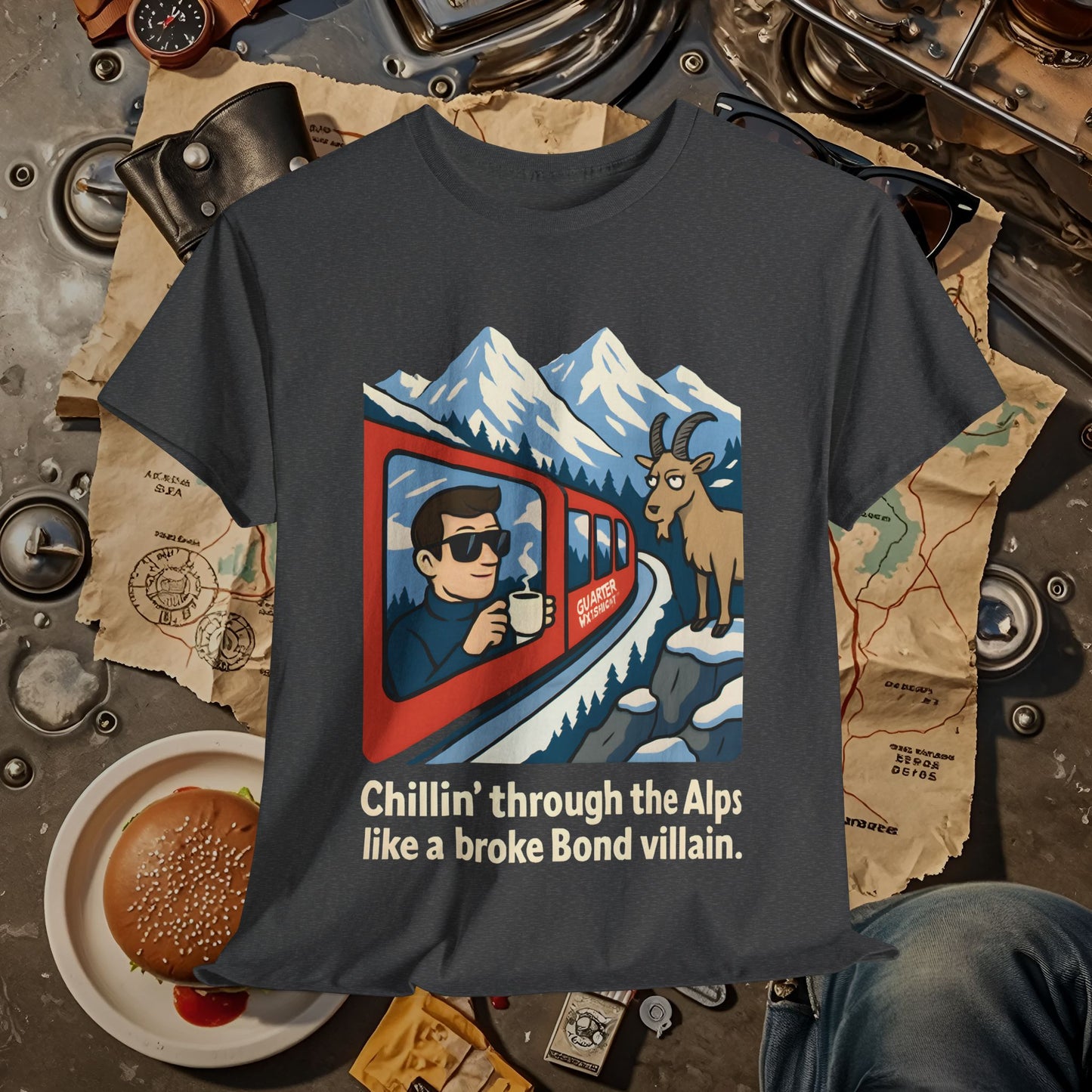 Glacier Express Chill Tee – Skeptical Goat in the Alps Vibe Road Trip & Vehicle Travel T-Shirts | Car, RV, and Motorcycle Adventure Tees