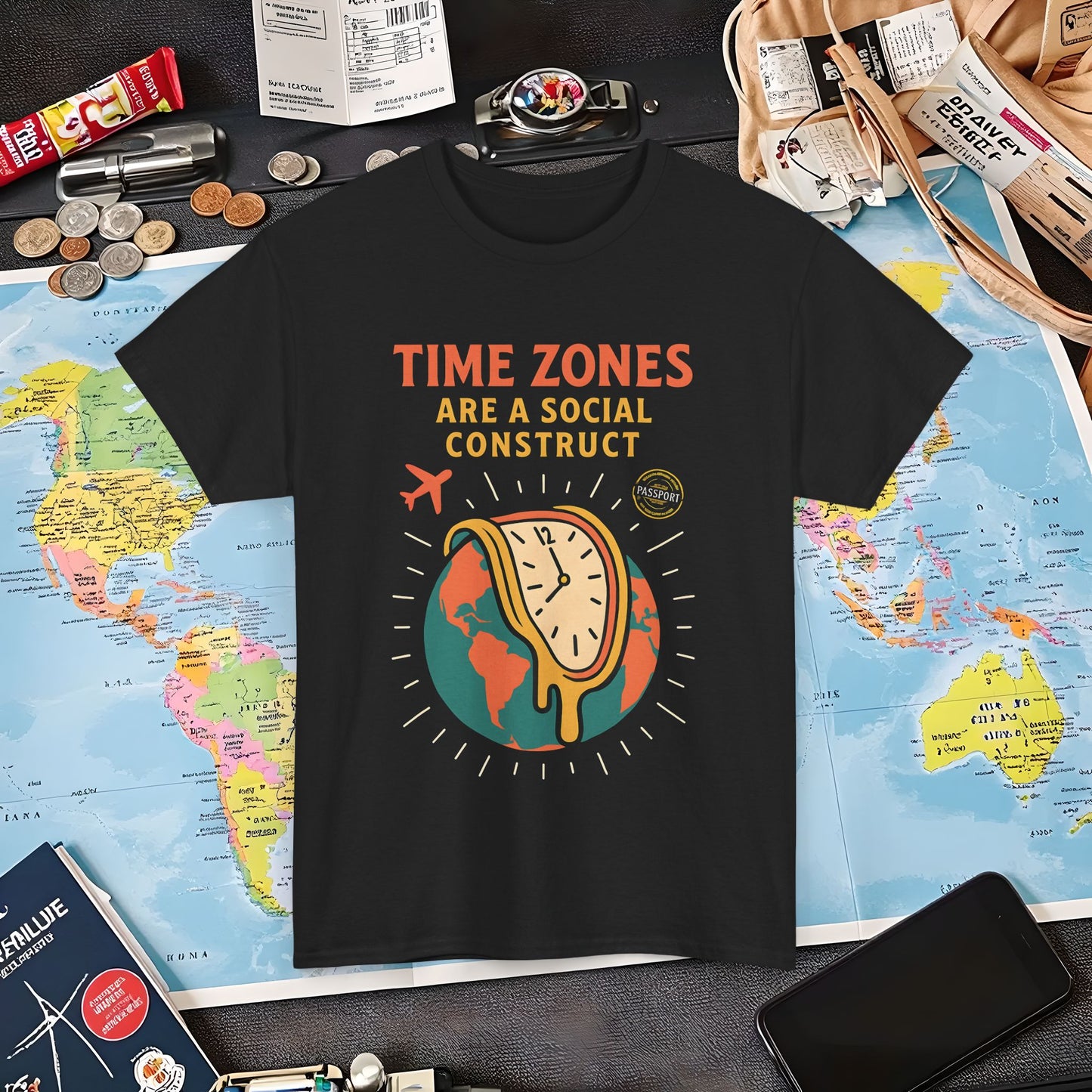Time Zones Are a Social Construct Tee – Melting Clock Over World Map Travel Shirt Air Travel T-Shirts | Jetsetter, Airport, and International Flight Tees