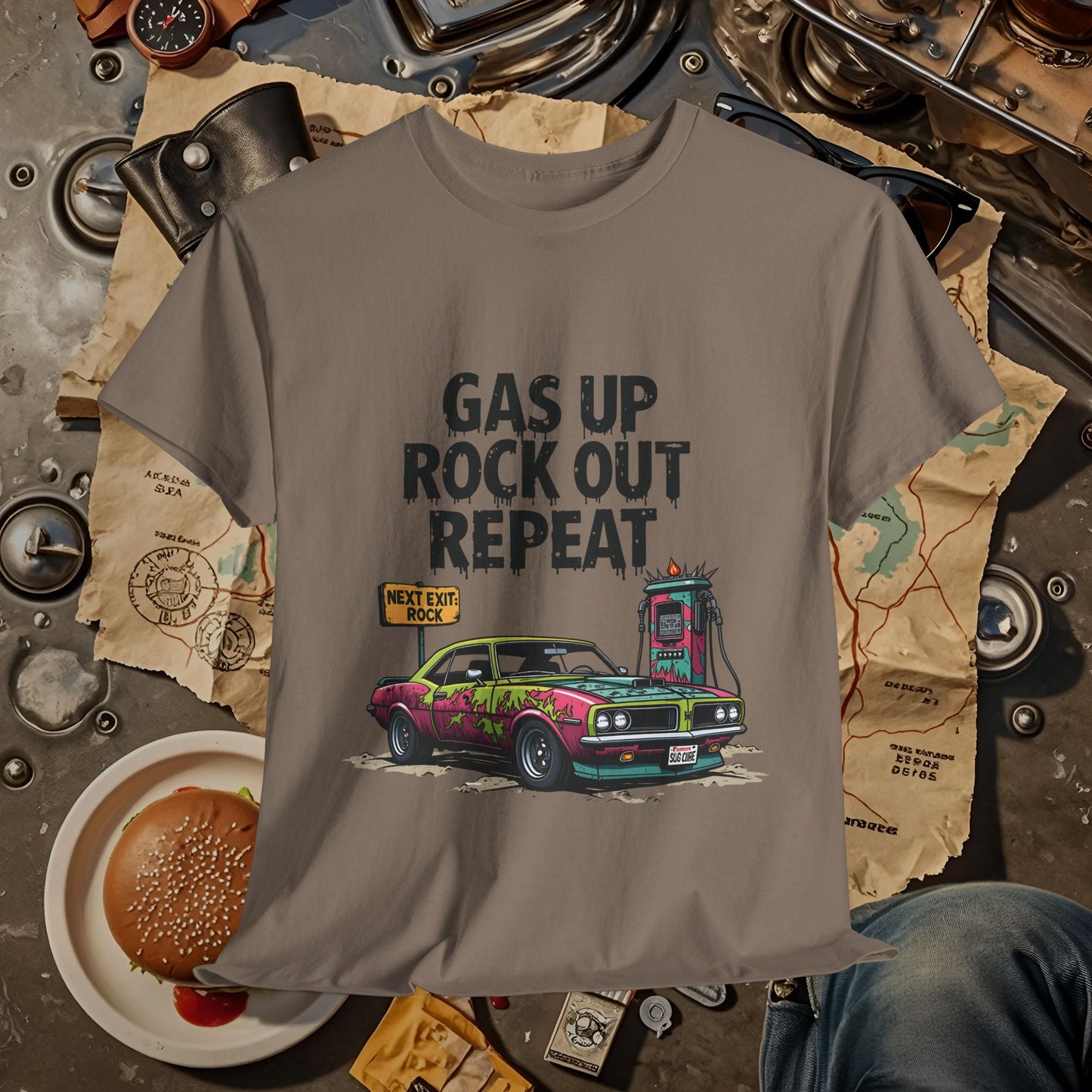 Gas Up, Rock Out and Repeat Road Trip & Vehicle Travel T-Shirts | Car, RV, and Motorcycle Adventure Tees