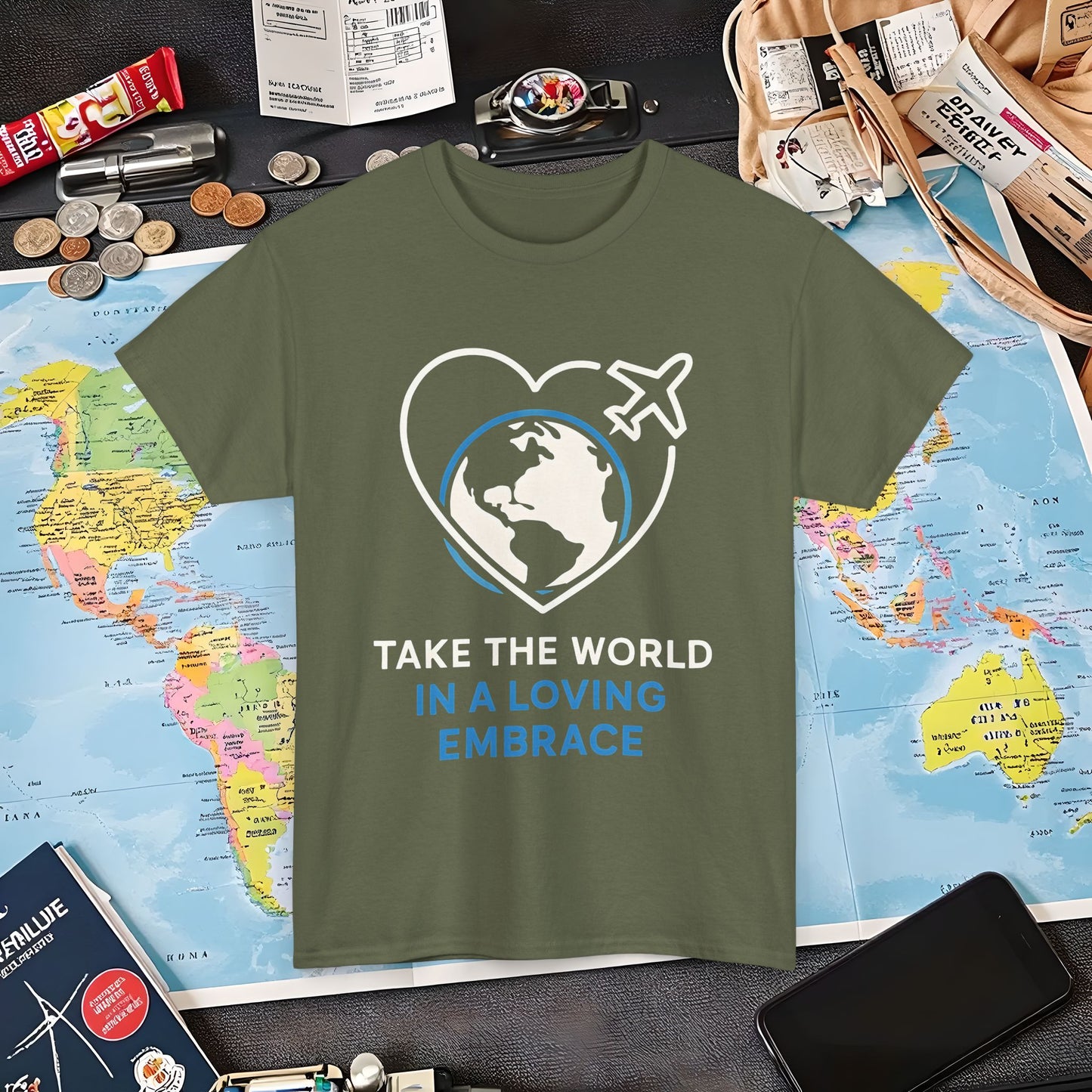 Take the World in a Loving Embrace T-Shirt – Heart in Flight Over Globe Design Air Travel T-Shirts | Jetsetter, Airport, and International Flight Tees